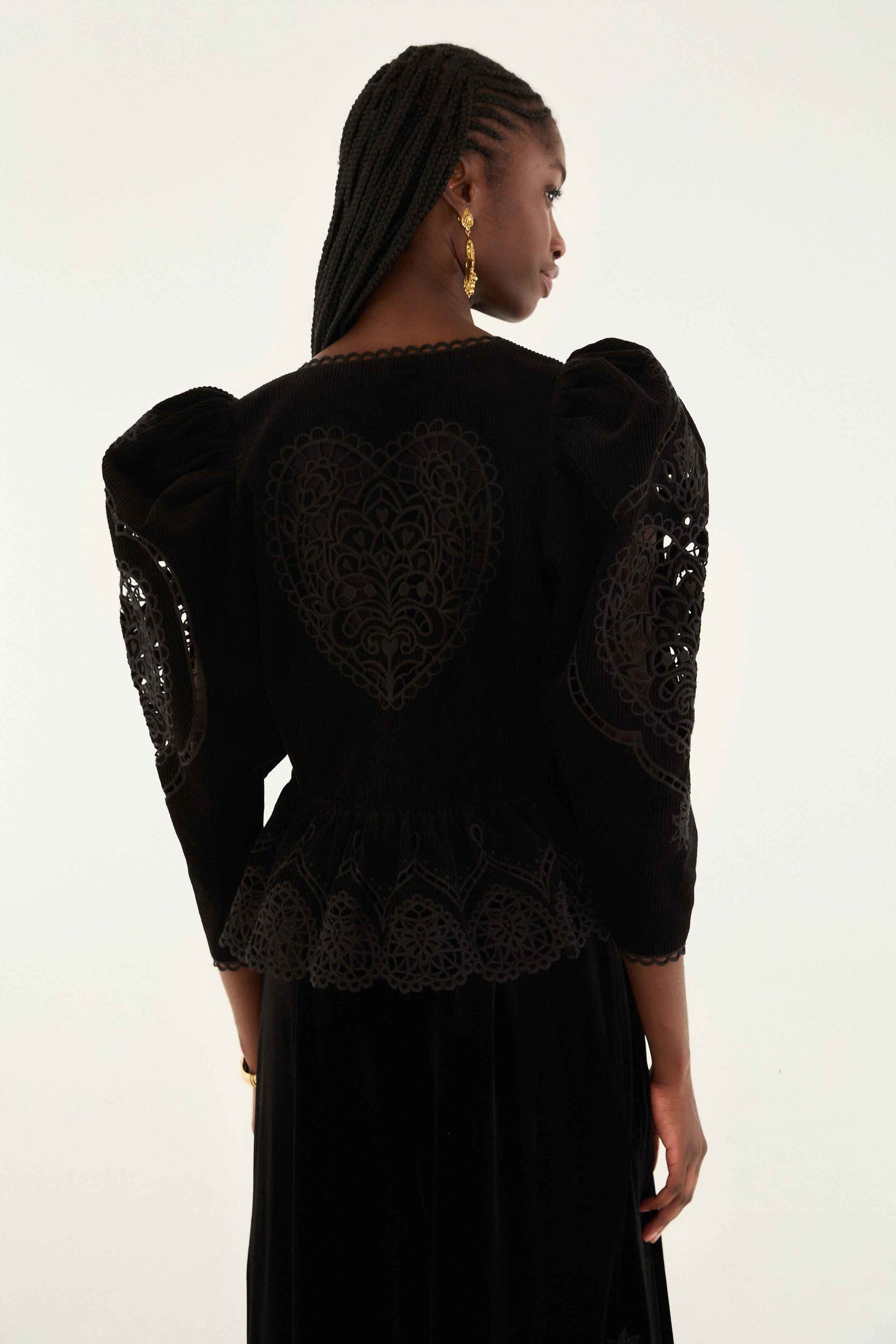 FARM Rio model wearing the Black Artichoke Heart Richelieu Blouse