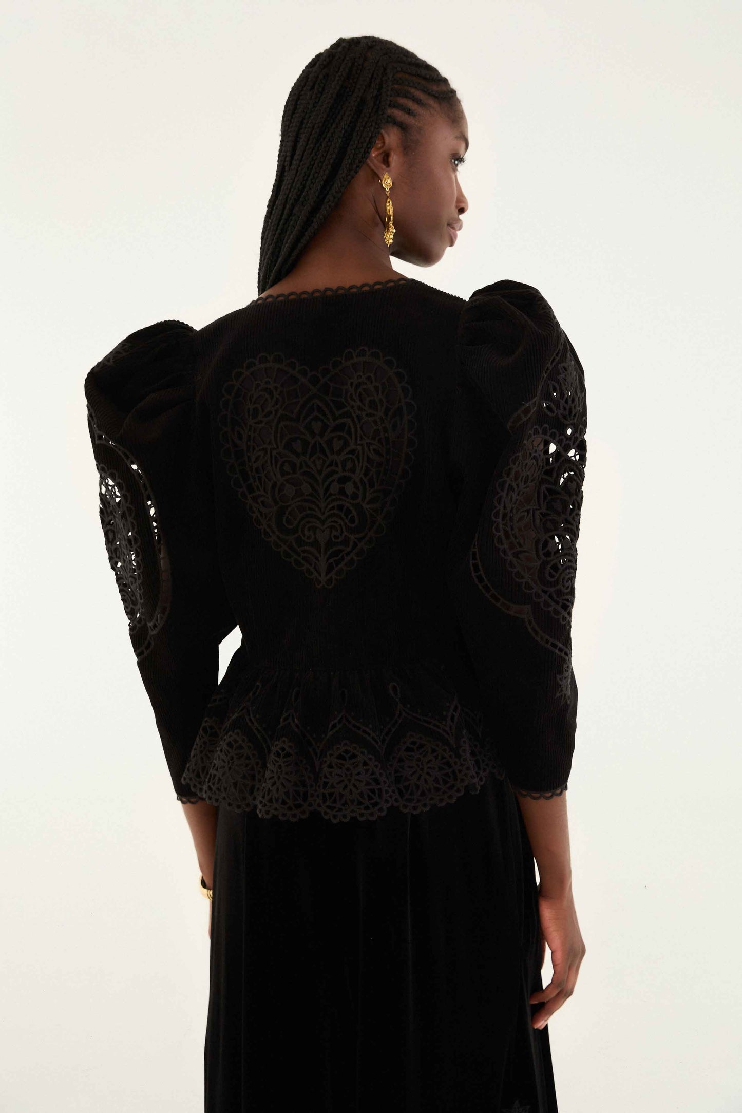 FARM Rio model wearing the Black Artichoke Heart Richelieu Blouse