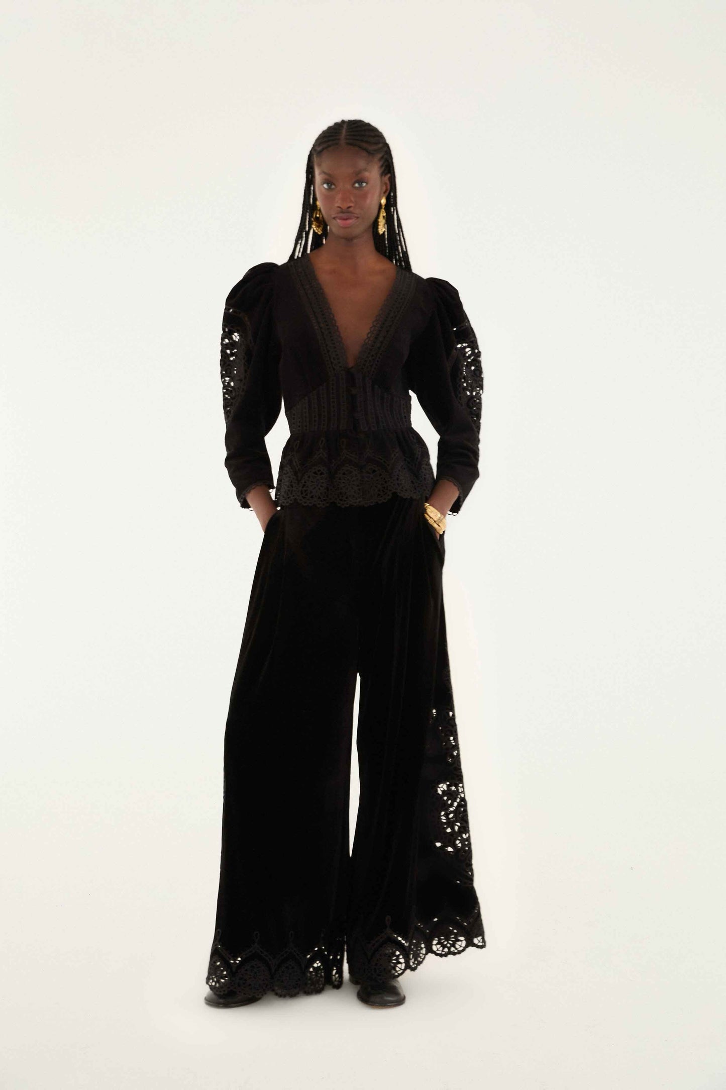 FARM Rio model wearing the Black Artichoke Heart Richelieu Pants