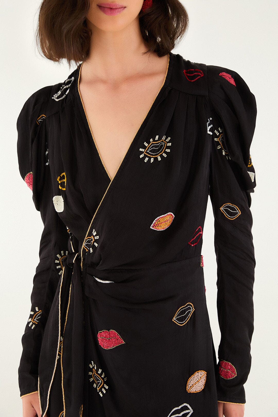 FARM Rio Provisrio Beaded Wrap Mini Dress - Black FARM Rio Provisrio Beaded Wrap Mini Dress - Black
