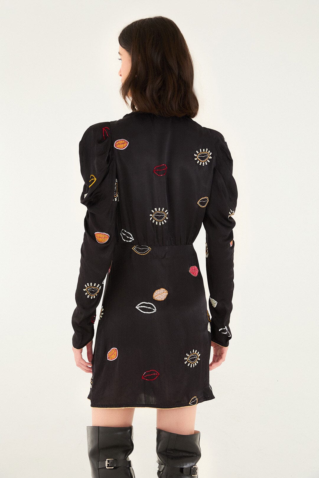 FARM Rio model wearing the Black Beaded Kisses Lenzing� Ecovero� Viscose Wrap Mini Dress