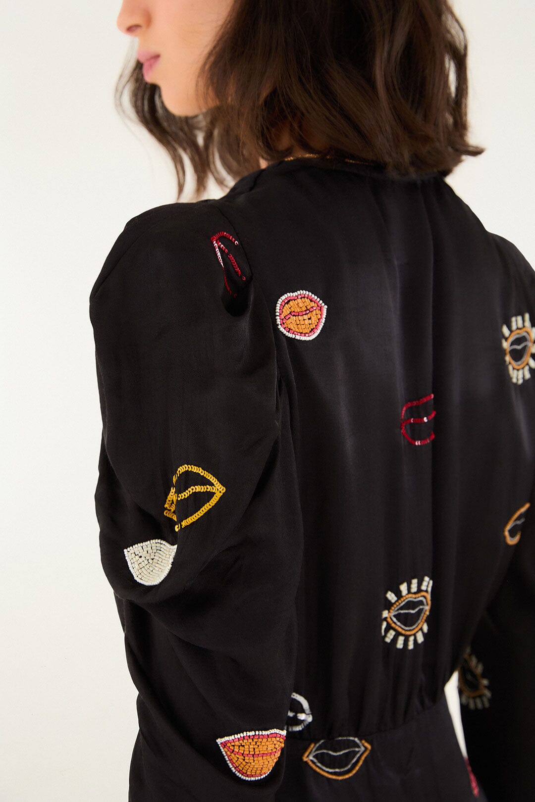 Black Beaded Kisses Lenzing™ Ecovero™ Viscose Wrap Mini Dress