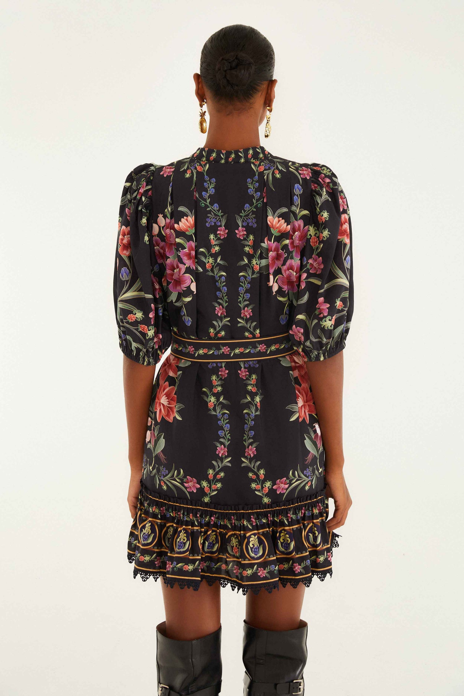 FARM Rio model wearing the Black Belle Garden Lace Belted Mini Dress