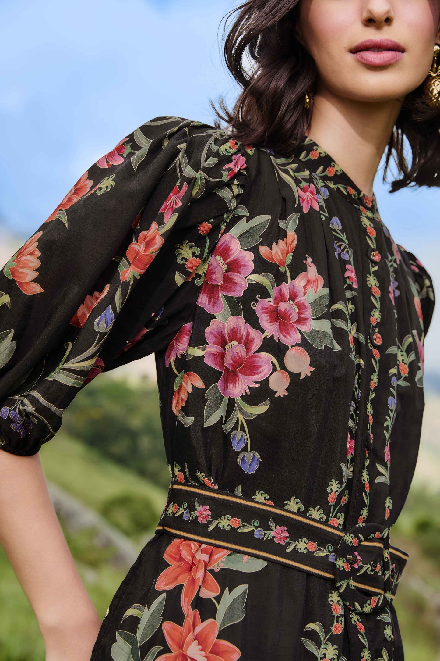 FARM Rio model wearing the Black Belle Garden Lace Belted Mini Dress