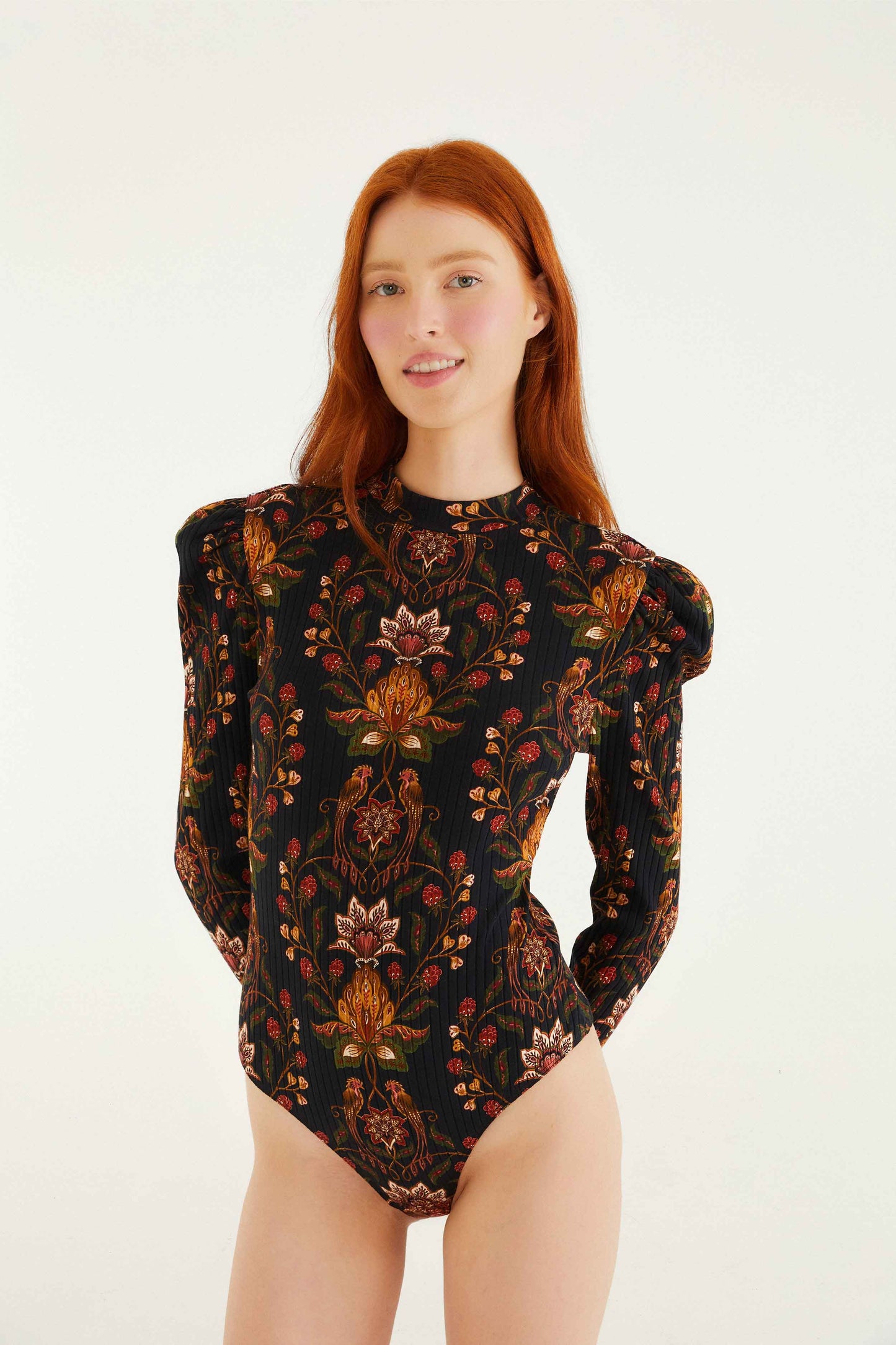 FARM Rio model wearing the Black Berry Garden Organic Cotton Bodysuit