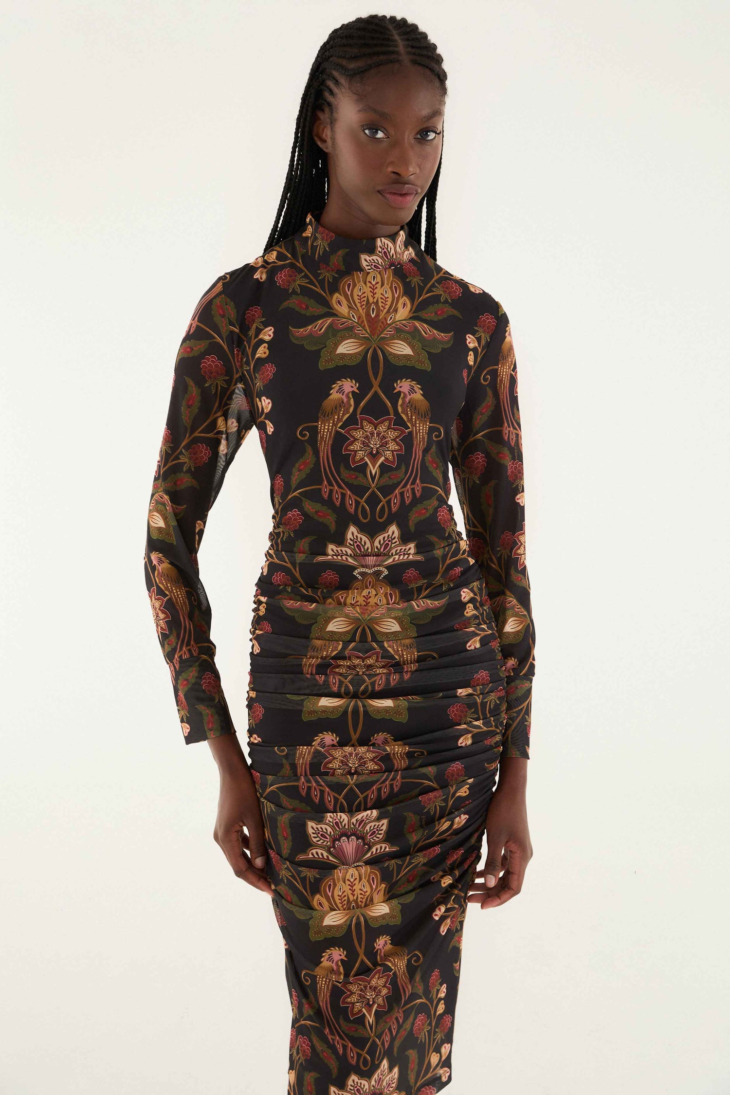 FARM Rio model wearing the Black Berry Garden Tulle Midi Dress