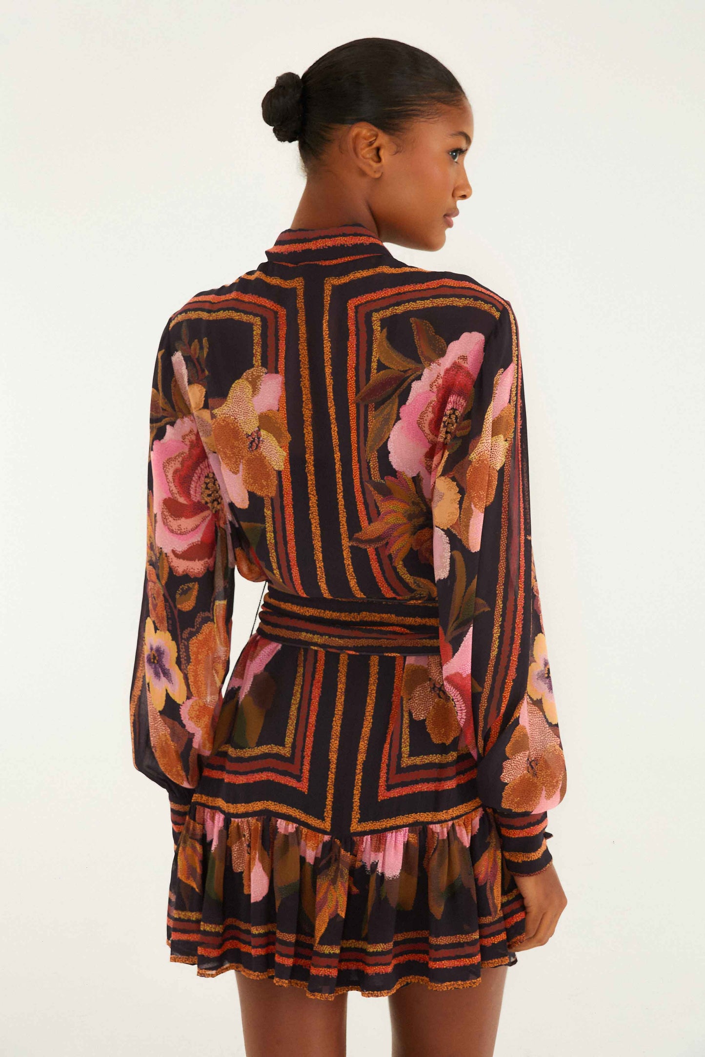 FARM Rio Black Chenille Flowers Belted Long Sleeve Mini Dress, Chenille Flowers Black / M FARM Rio Black Chenille Flowers Belted Long Sleeve Mini Dress, Chenille Flowers Black / M