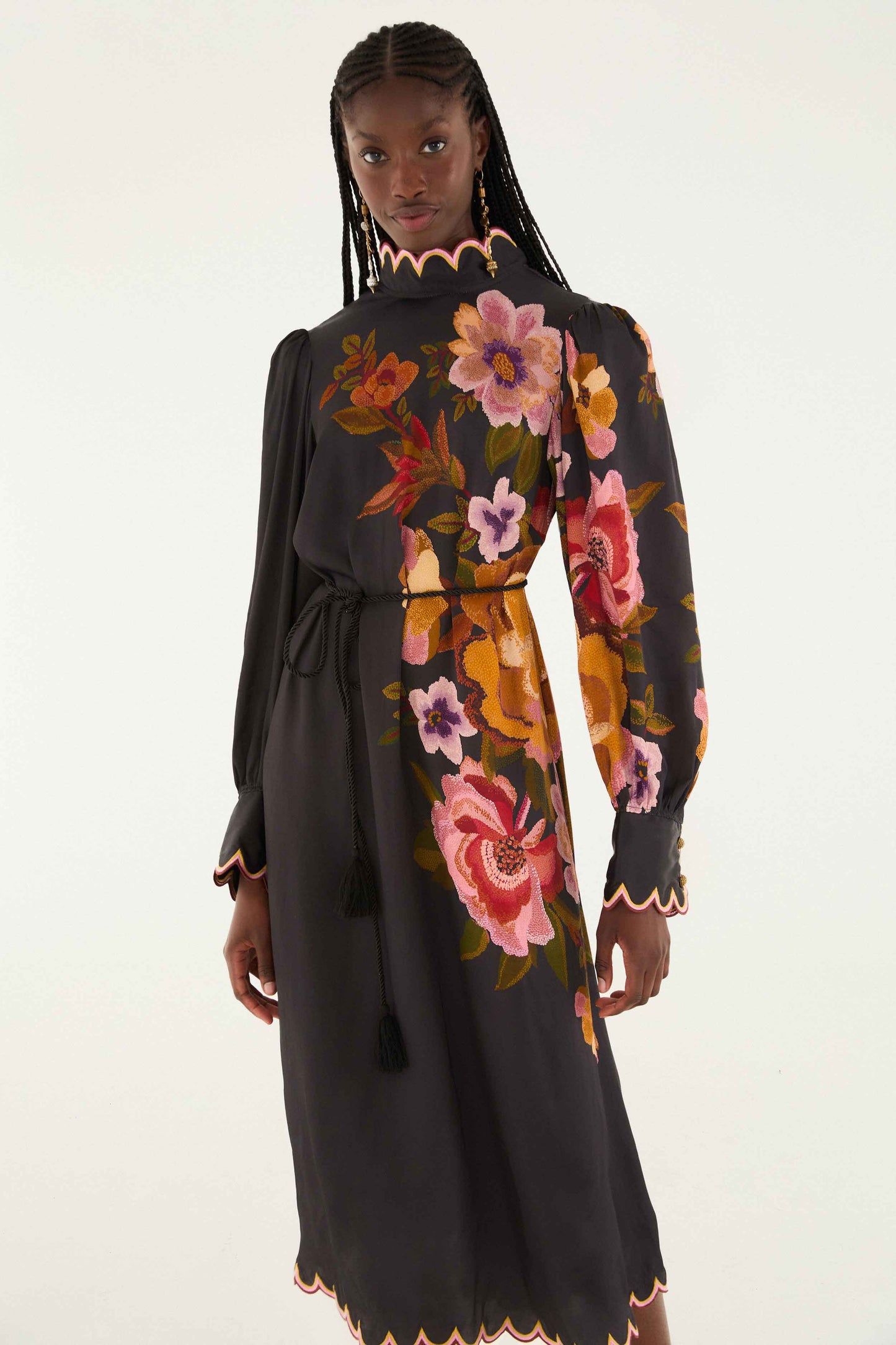 FARM Rio model wearing the Black Chenille Flowers Lenzing� Ecovero� Viscose Midi Dress