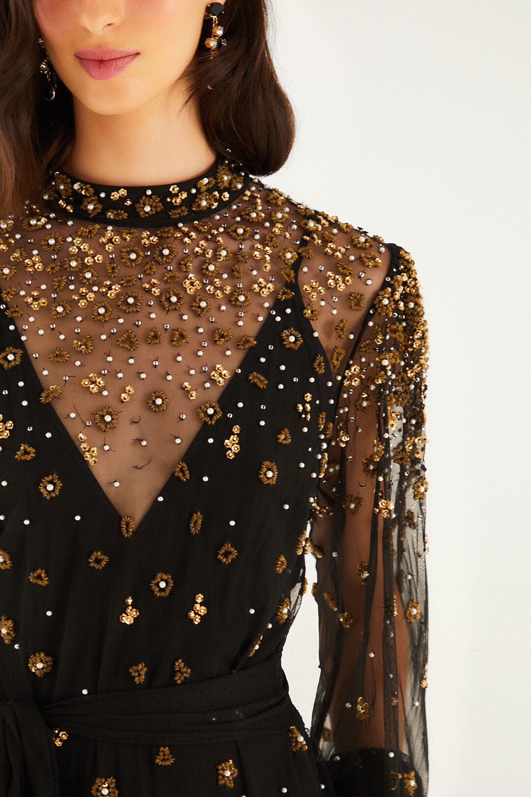 Black Embroidered Tulle Belted Long Sleeve Mini Dress