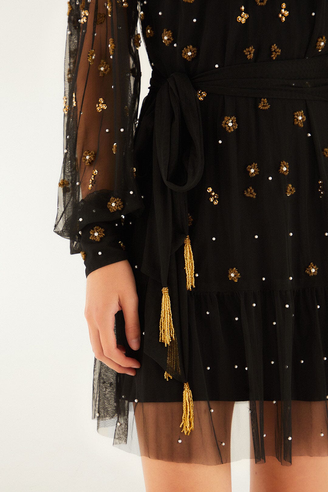 Black Embroidered Tulle Belted Long Sleeve Mini Dress