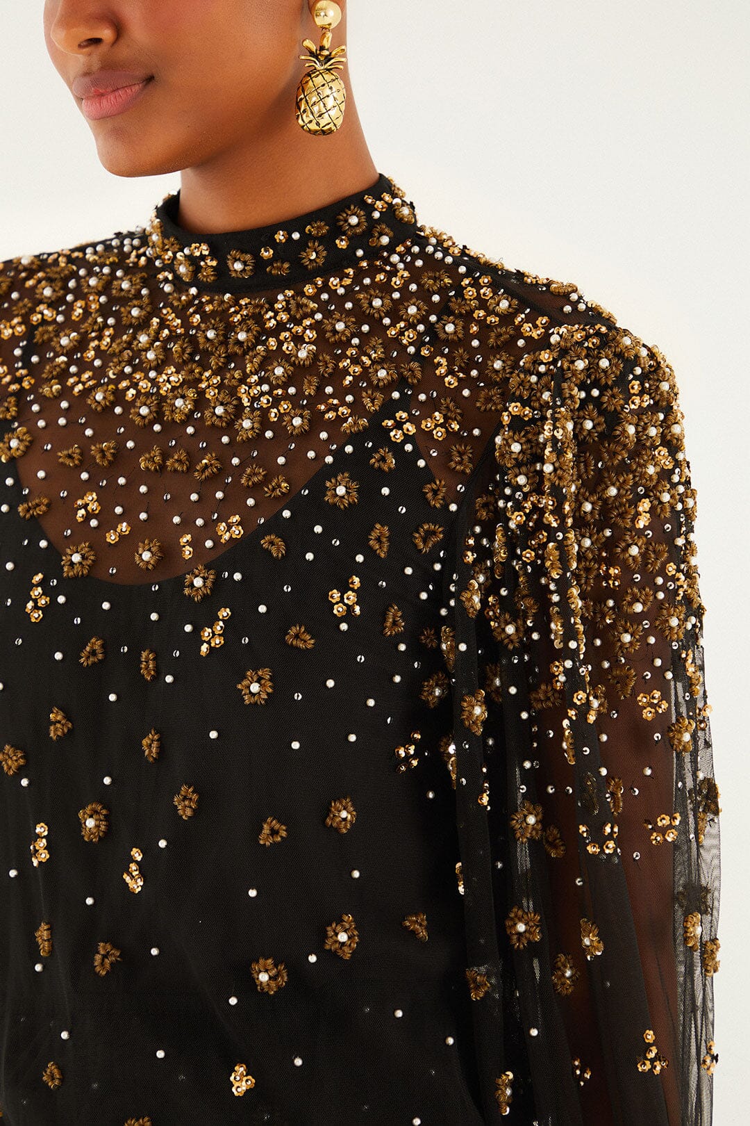 Black Embroidered Tulle Lined Blouse