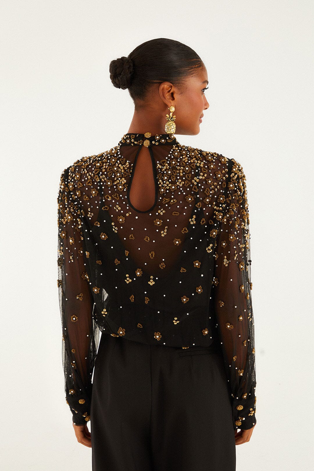 FARM Rio model wearing the Black Embroidered Tulle Lined Blouse