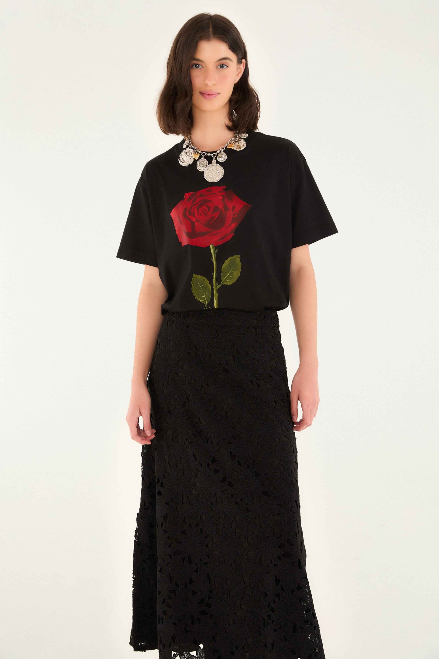 FARM Rio model wearing the Black Flowered Lace Midi Skirt