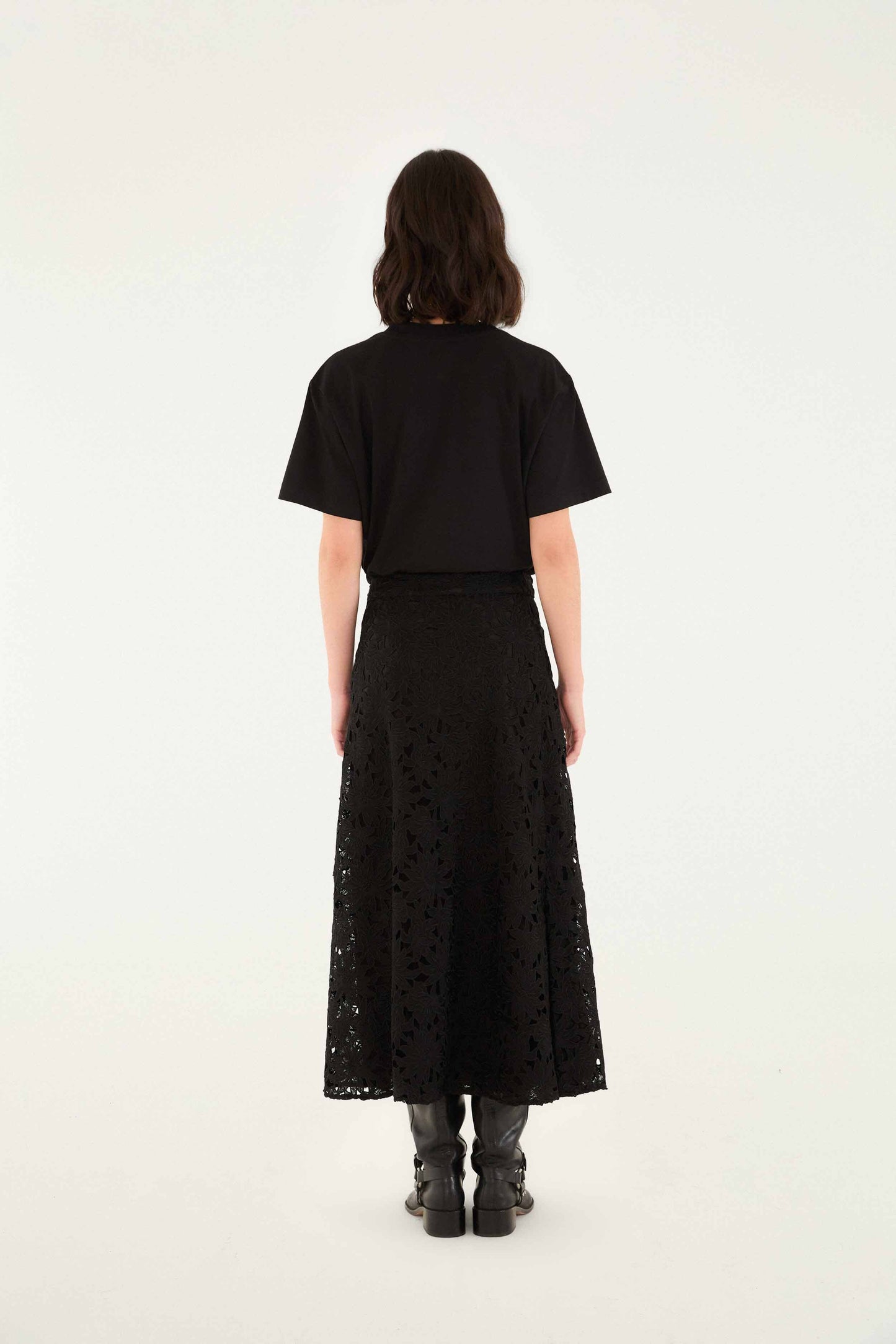 FARM Rio model wearing the Black Flowered Lace Midi Skirt