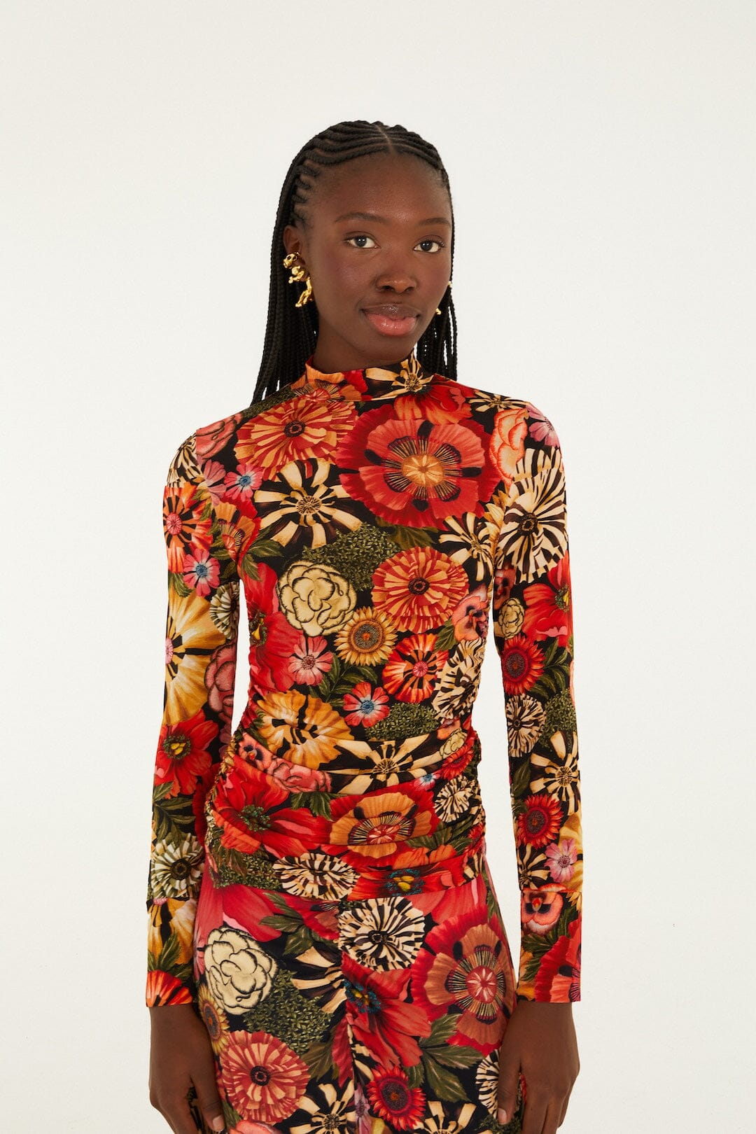 FARM Rio model wearing the Black Flowershop Ruched Waist Jersey Blouse