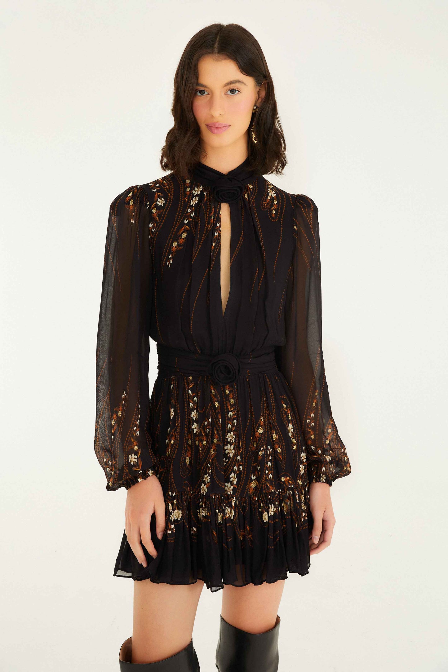 FARM Rio model wearing the Black Garden 3d Rose Long Sleeve Ruffled Mini Dress