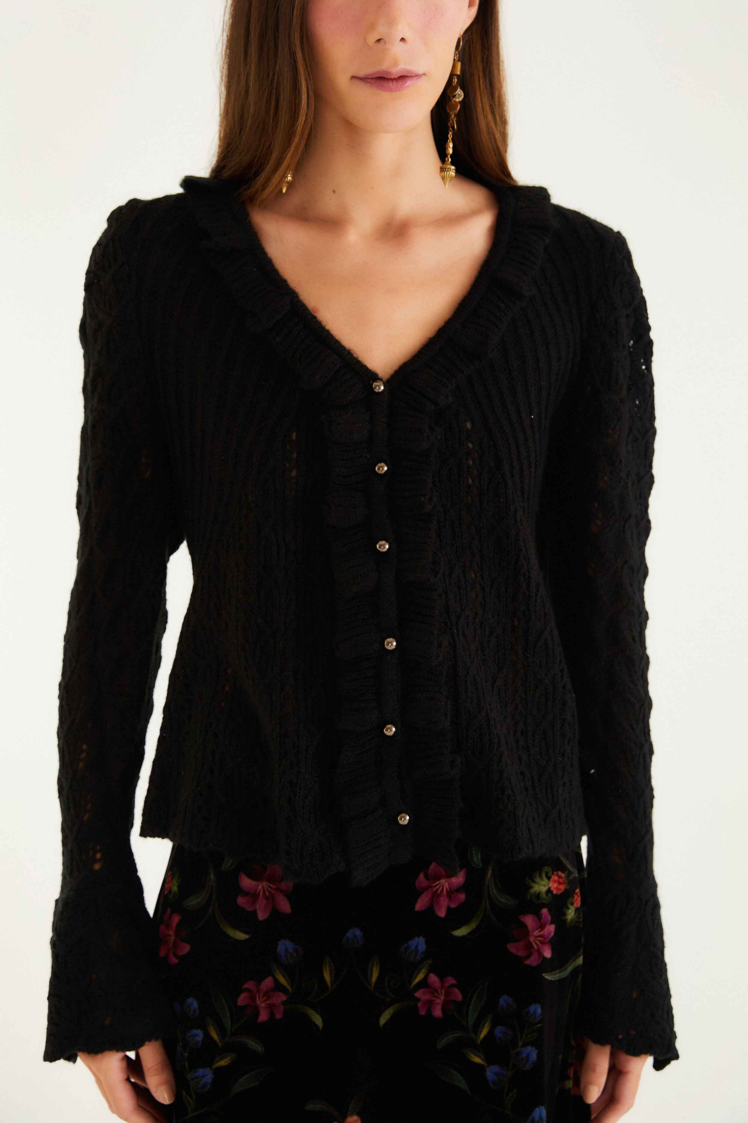 Black Lace Ruffled Knit Cardigan | FARM Rio
