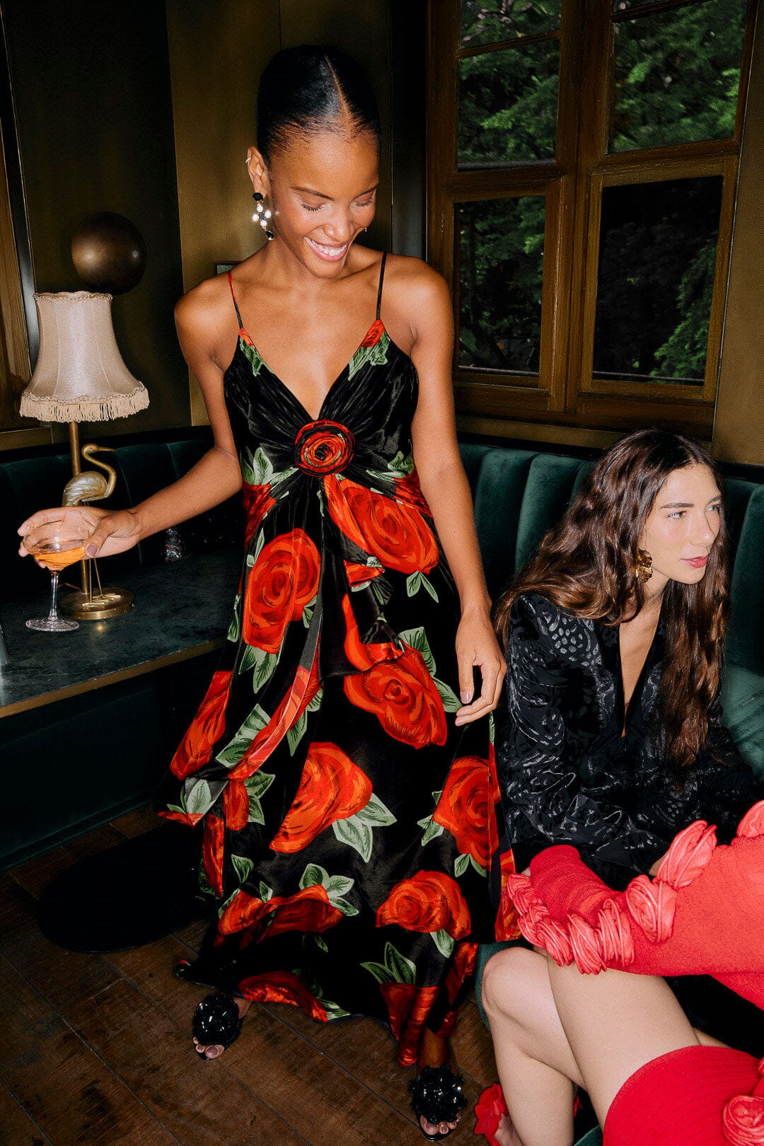 FARM Rio model wearing the Black Latin Roses 3d Flower Layered Maxi Dress