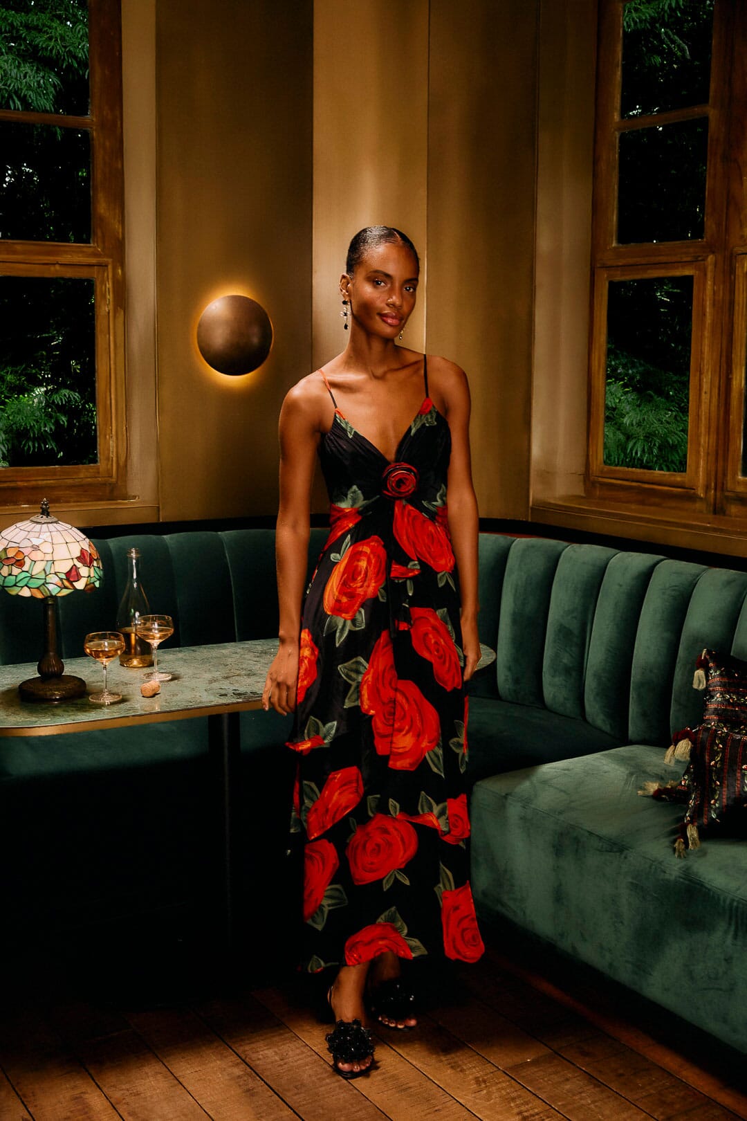 FARM Rio model wearing the Black Latin Roses 3d Flower Layered Maxi Dress