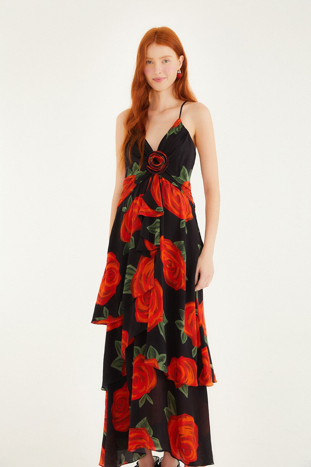 Black Latin Roses 3d Flower Layered Maxi Dress | FARM Rio Black Latin Roses 3d Flower Layered Maxi Dress | FARM Rio