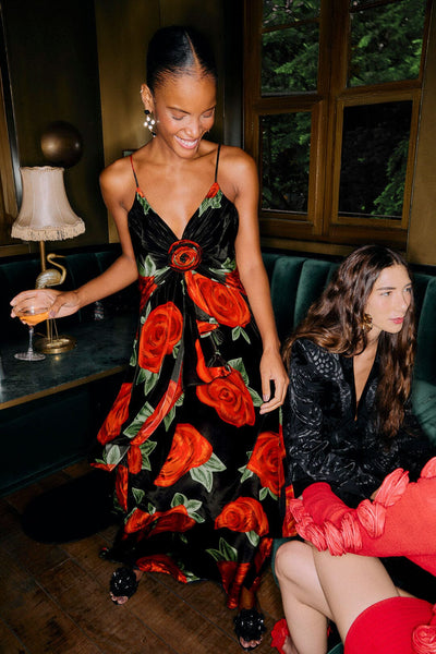 FARM Rio Black Latin Roses 3d Flower Layered Maxi Dress, Latin Roses Black / XXS FARM Rio Black Latin Roses 3d Flower Layered Maxi Dress, Latin Roses Black / XXS