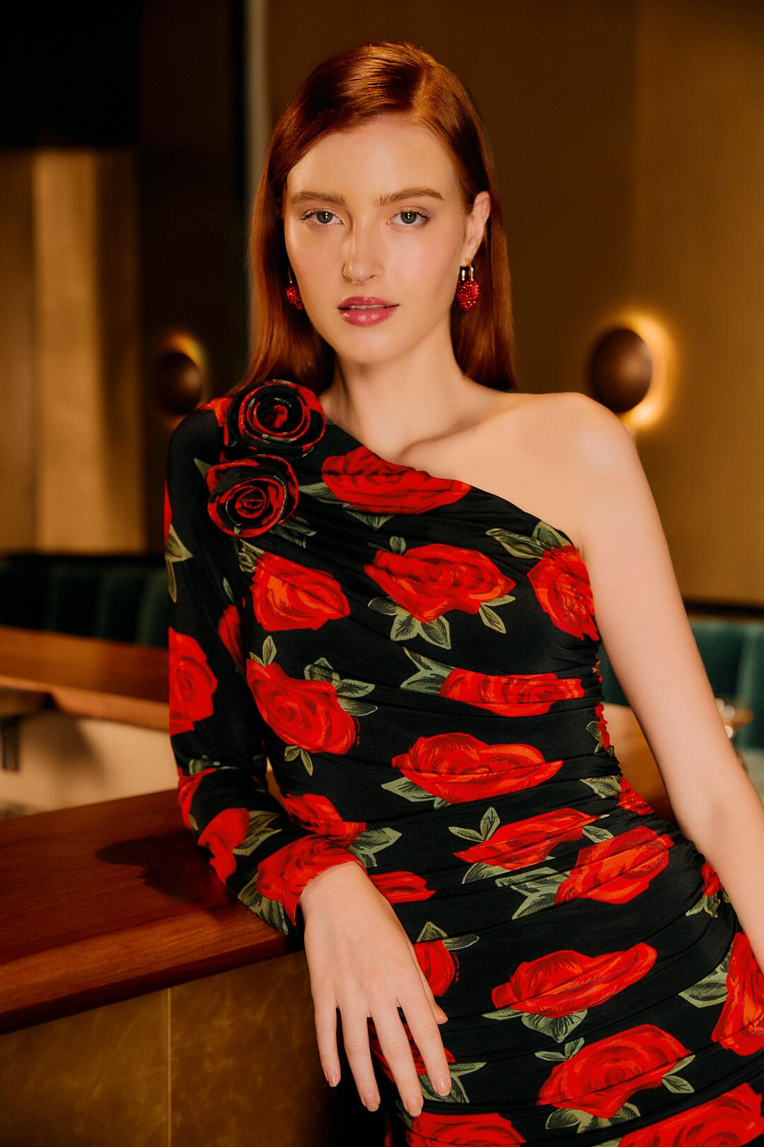 FARM Rio model wearing the Black Latin Roses 3d Flower One-Shoulder Draped Maxi Dress