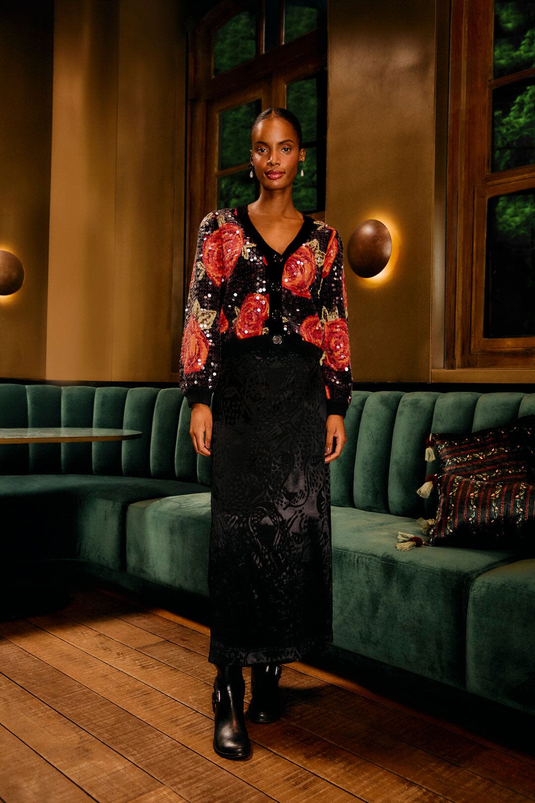 Black Latin Roses Buttoned Sequined Knit Cardigan | FARM Rio Black Latin Roses Buttoned Sequined Knit Cardigan | FARM Rio
