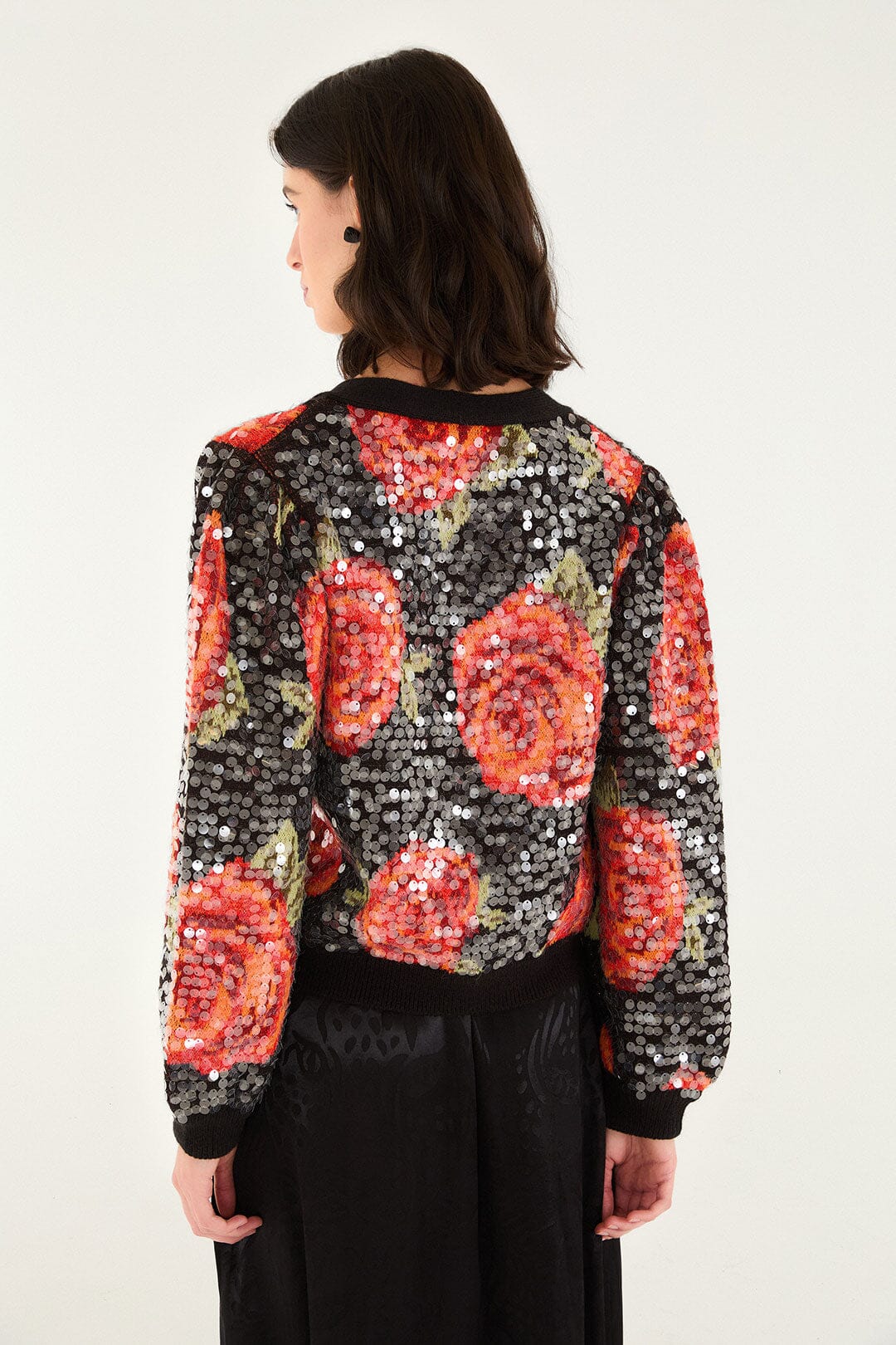 Black Latin Roses Buttoned Sequined Knit Cardigan | FARM Rio