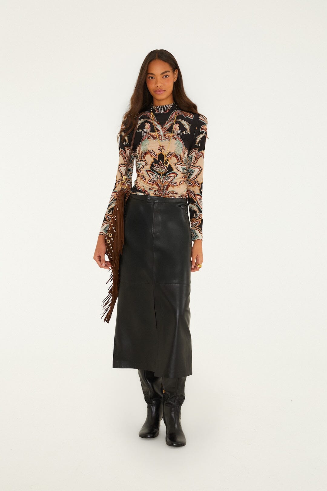 FARM Rio model wearing the Black Leather Midi Skirt