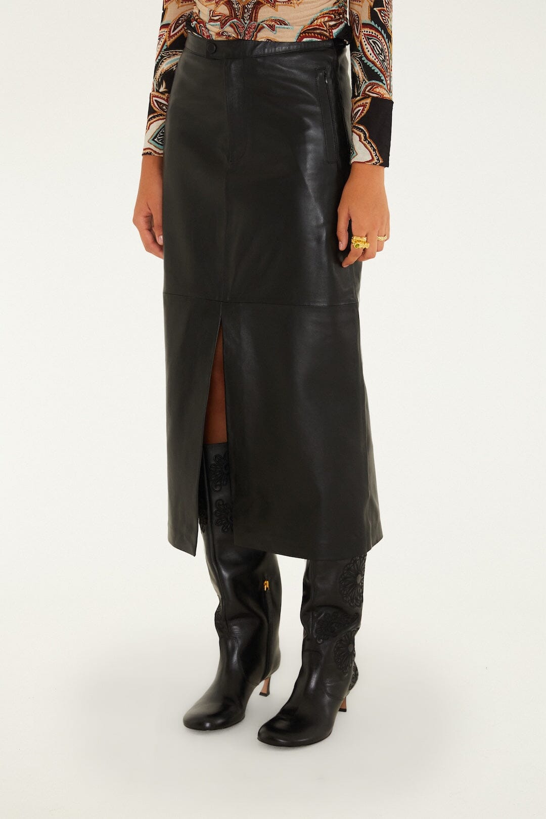 FARM Rio model wearing the Black Leather Midi Skirt