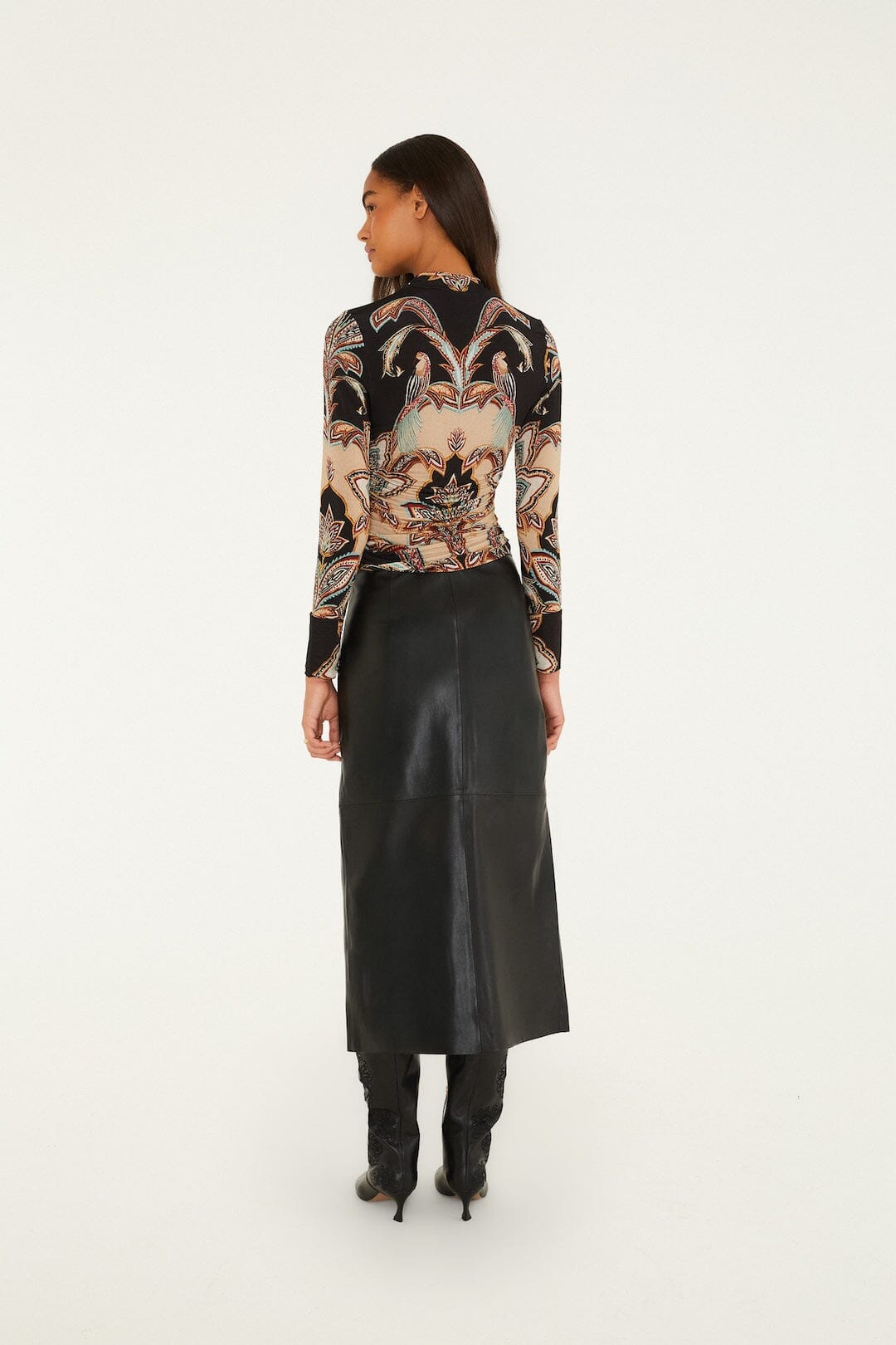 FARM Rio model wearing the Black Leather Midi Skirt