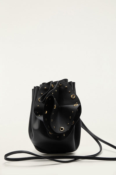 Black Leather Studded Crossbody Flower Bag | FARM Rio