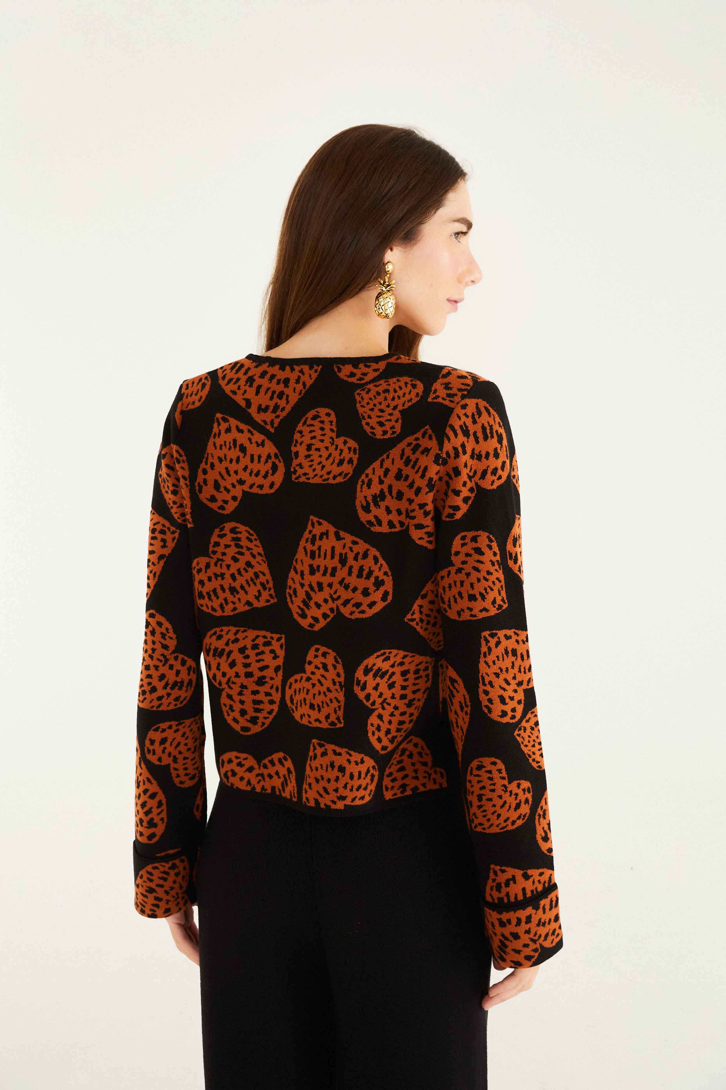 Black Leopard Hearts Front Ties Knit Cardigan | FARM Rio