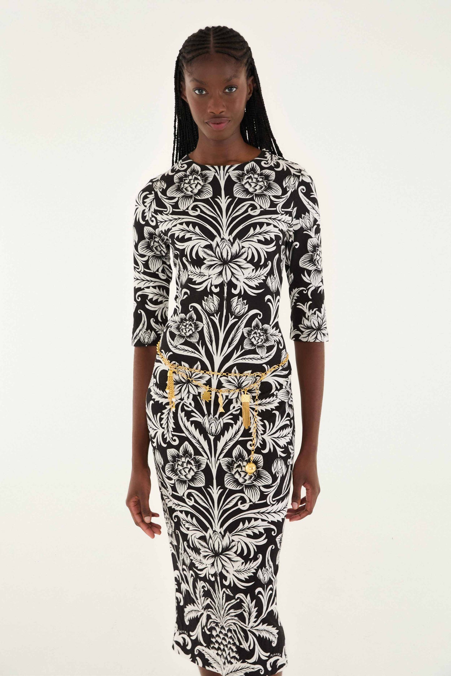 FARM Rio model wearing the Black Lisbon Lenzing� Ecovero� Viscose Jersey Midi Dress