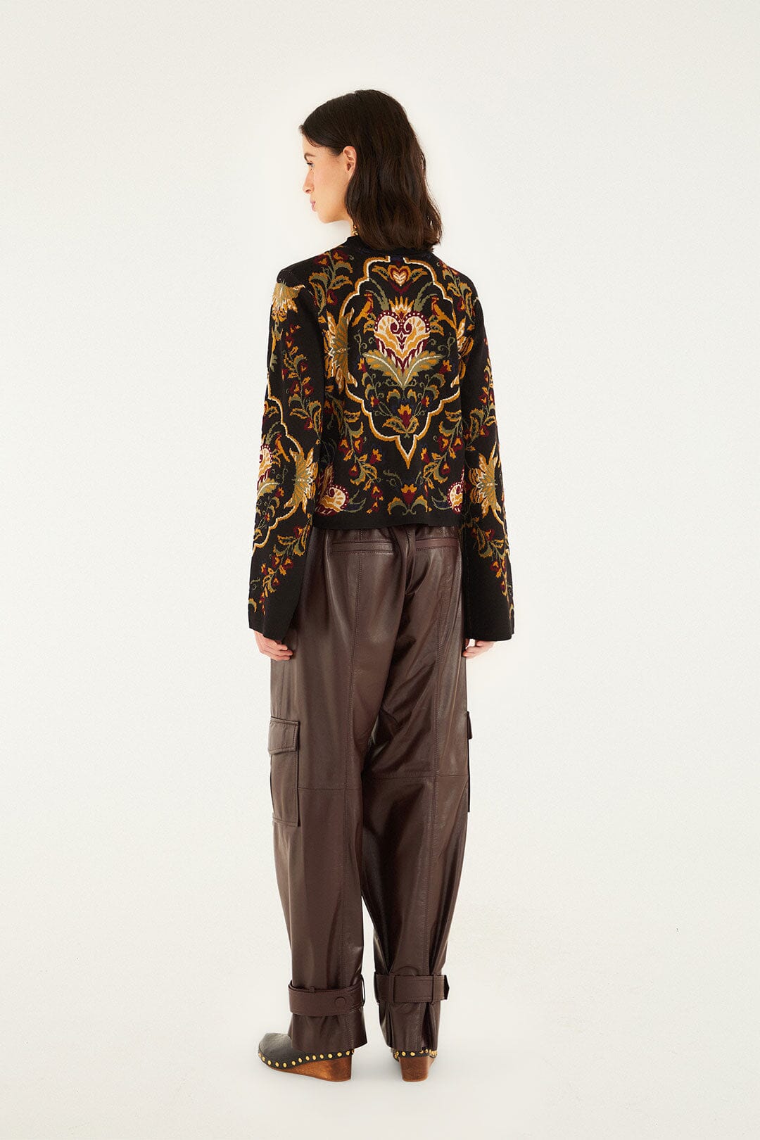 FARM Rio model wearing the Black Majestic Hearts Knit Cardigan