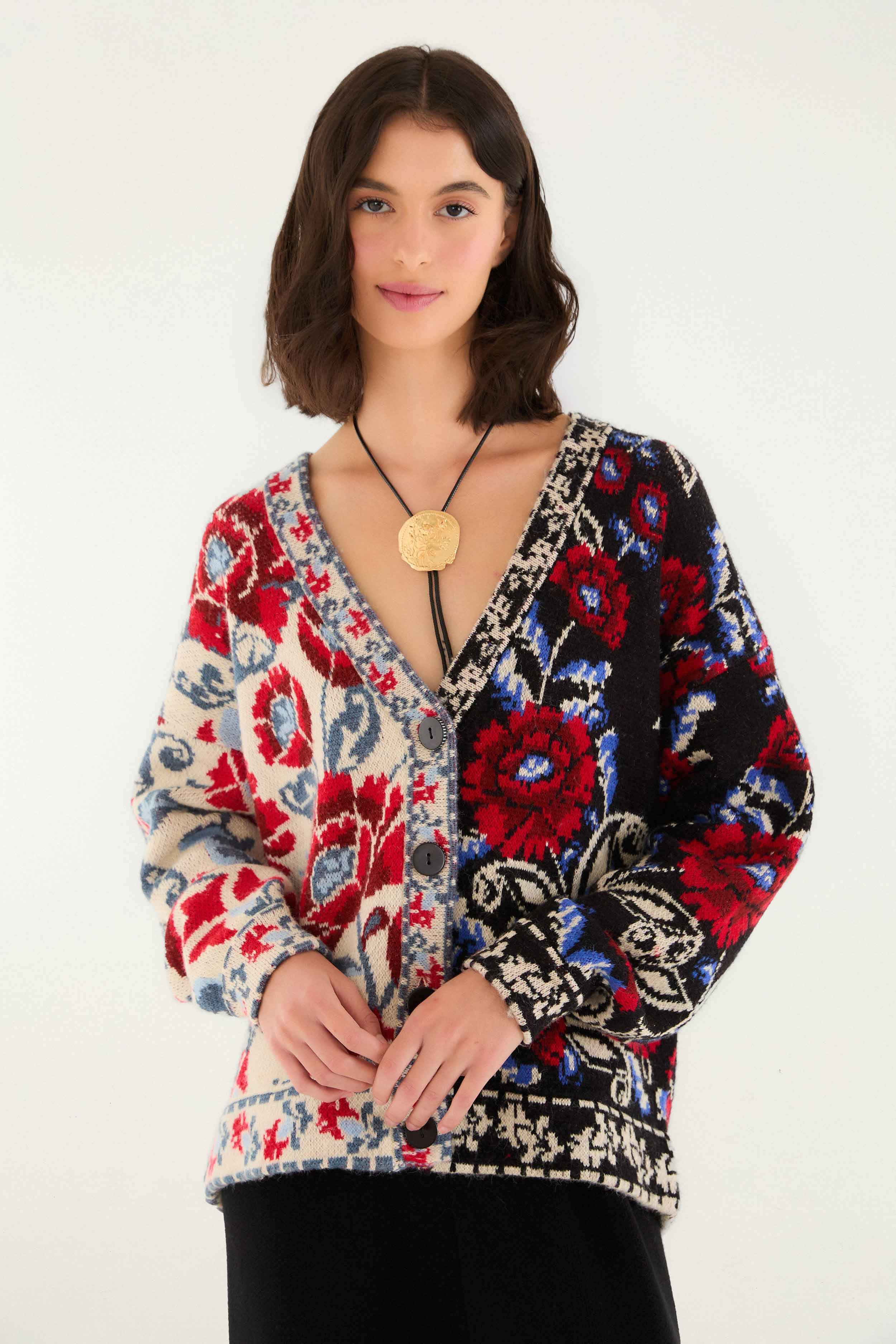 Black Mixed Valentina V Neck Knit Cardigan | FARM Rio