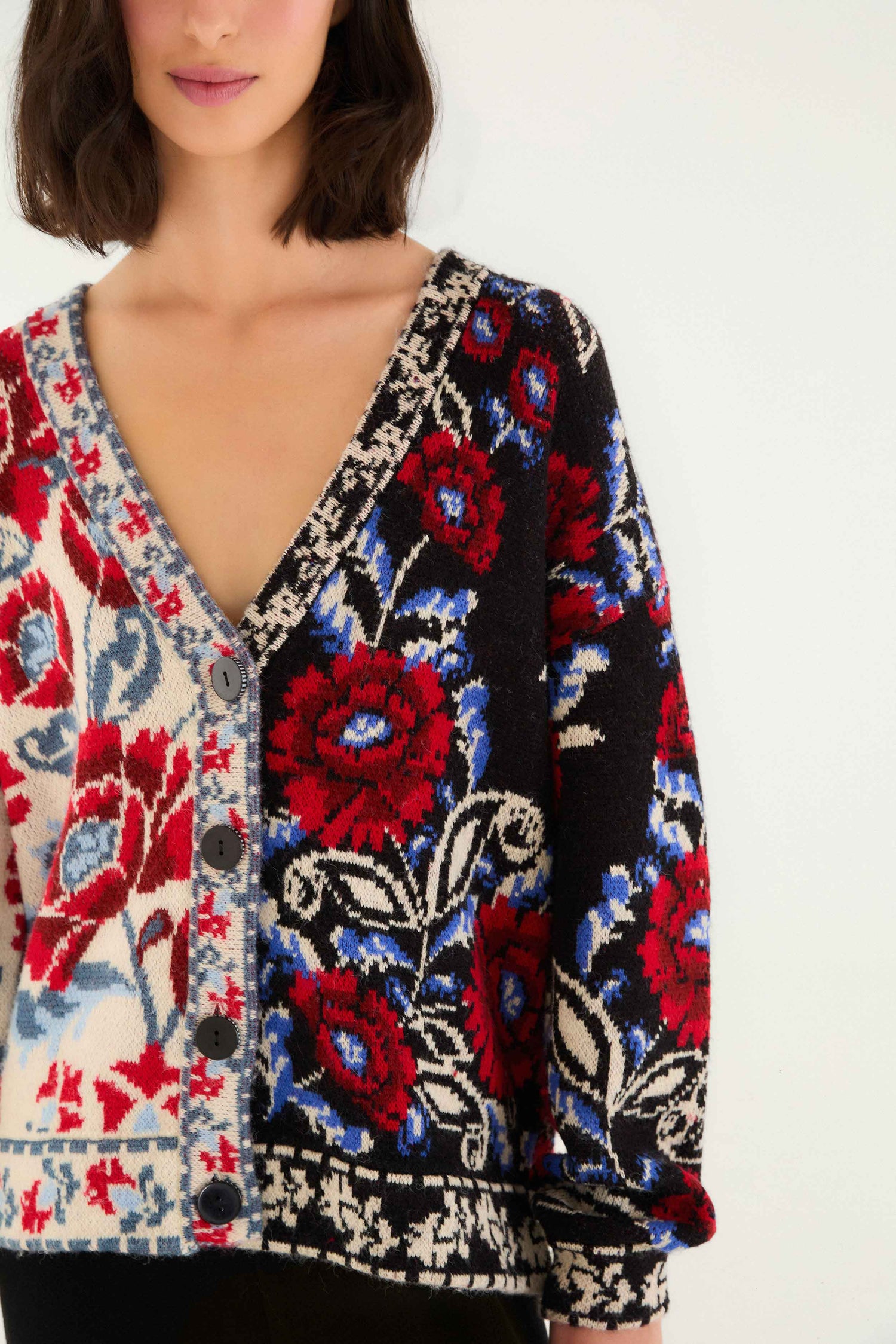 FARM Rio model wearing the Black Mixed Valentina V Neck Knit Cardigan