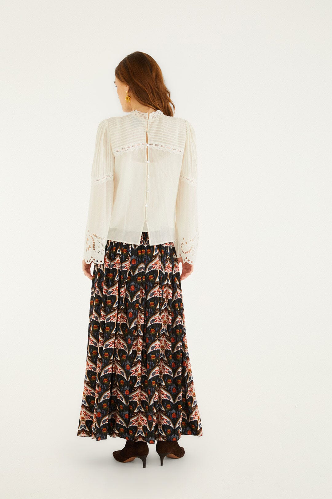 FARM Rio model wearing the Black Porcelain Birds Pleats Maxi Skirt
