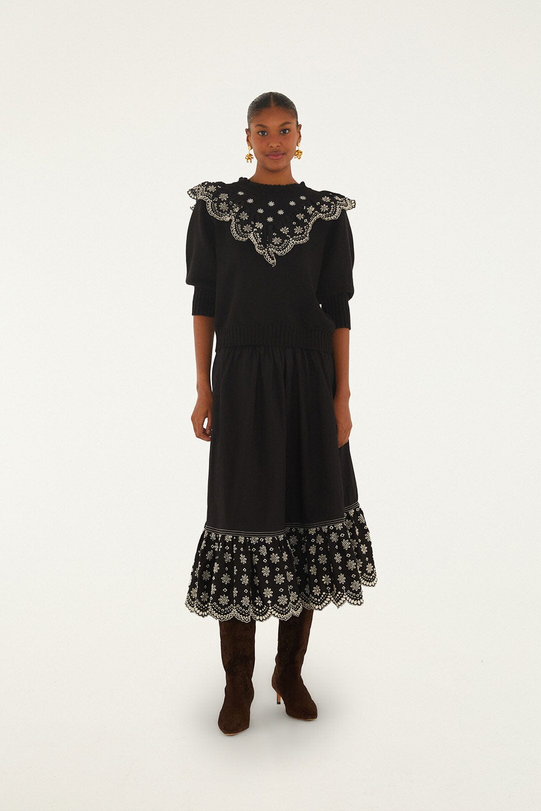 FARM Rio model wearing the Black Richelieu Ruffled Midi Skirt