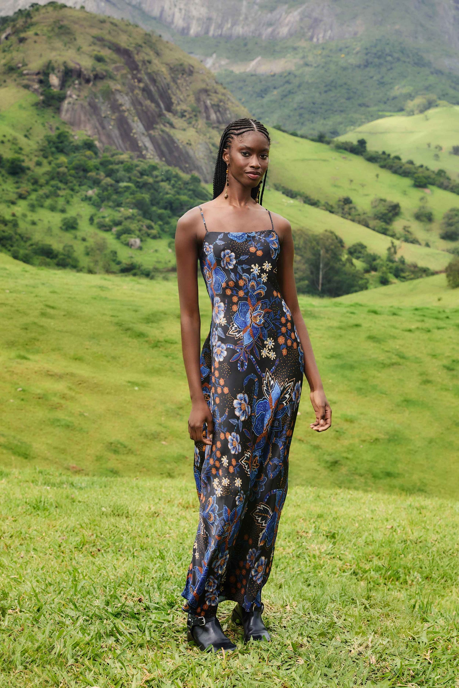 FARM Rio model wearing the Black Snakes Bouquet Lenzing� Ecovero� Slip Maxi Dress