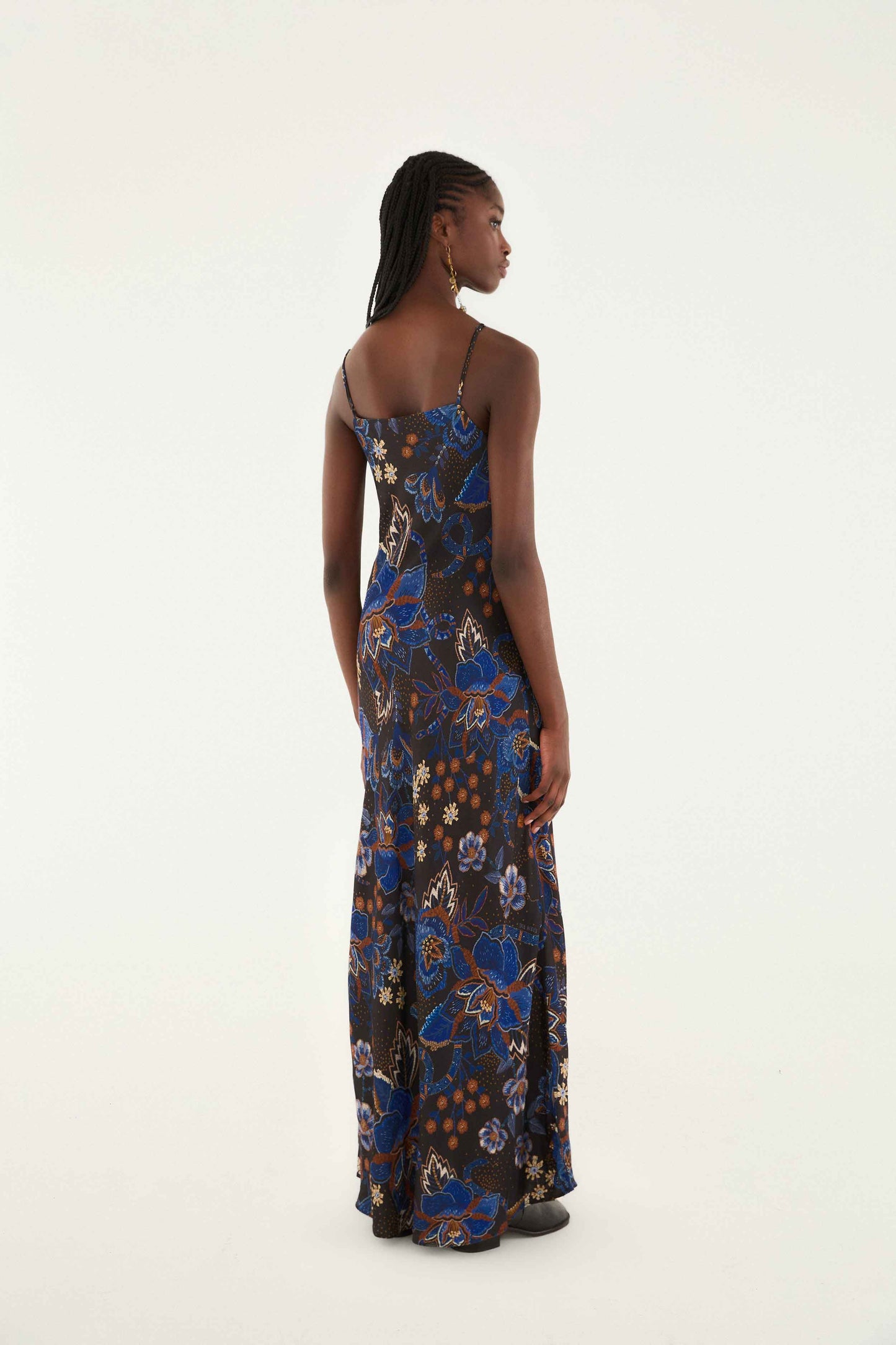 FARM Rio model wearing the Black Snakes Bouquet Lenzing� Ecovero� Slip Maxi Dress