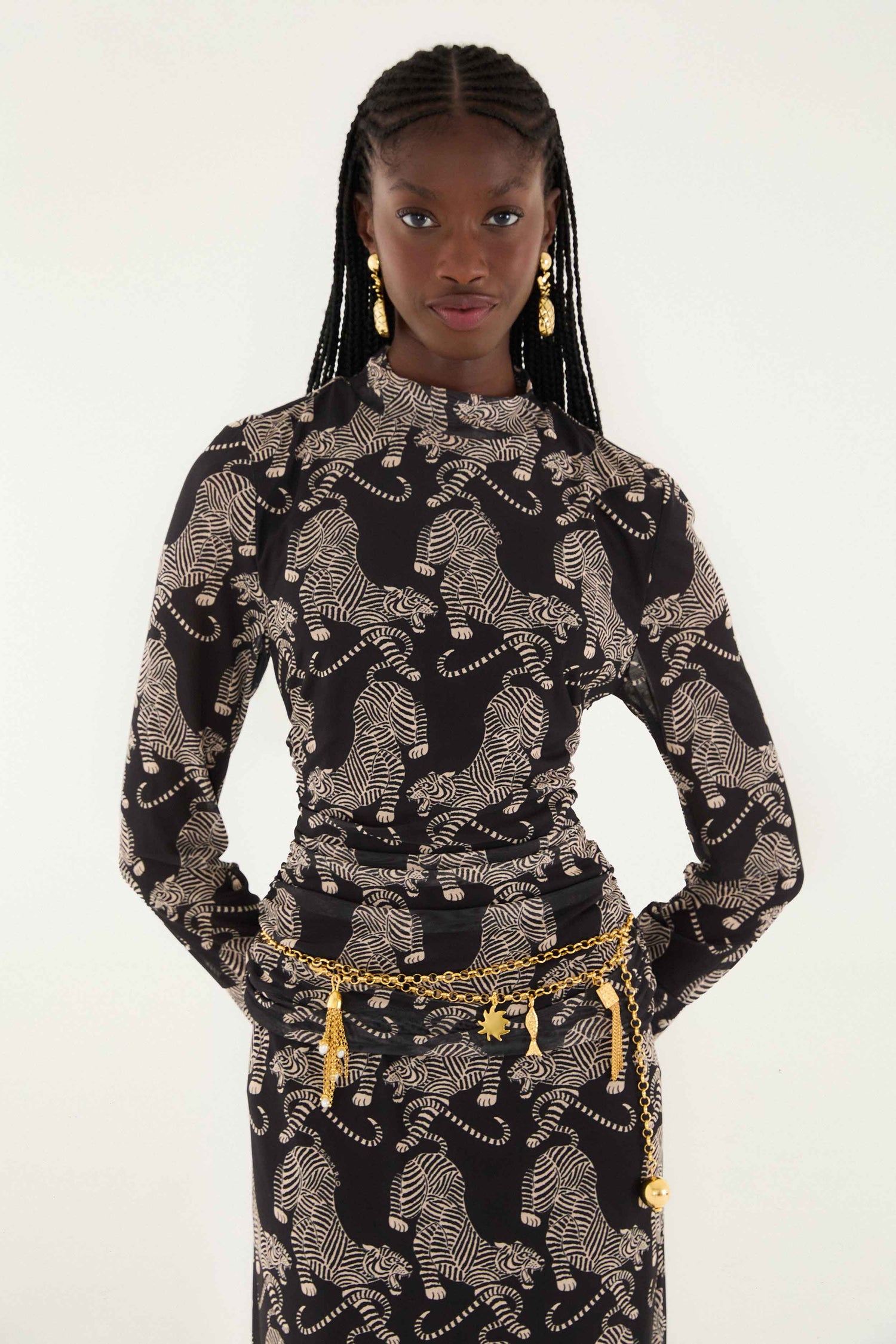 Black Striped Tigers Long Sleeve Tulle Blouse