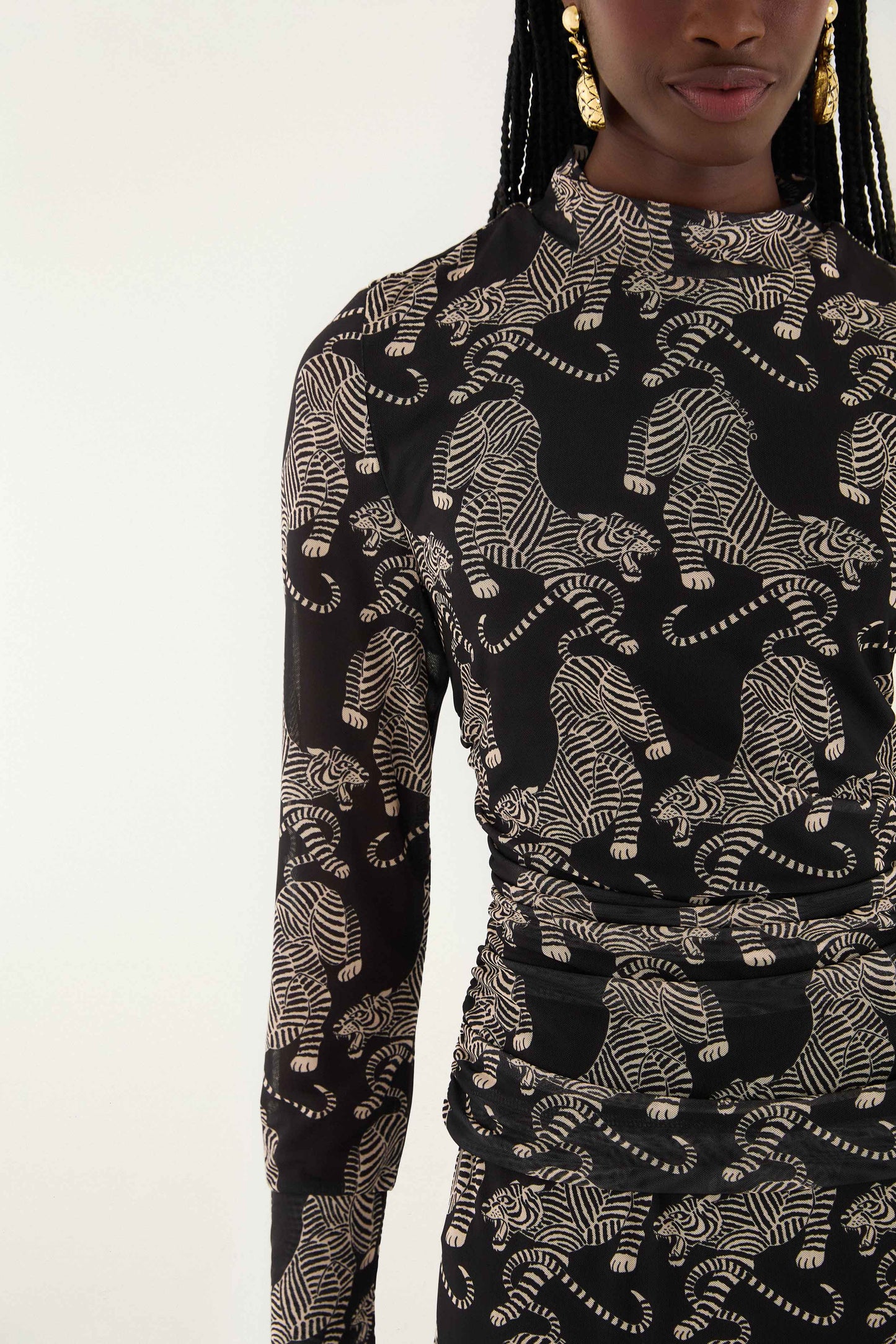 FARM Rio model wearing the Black Striped Tigers Long Sleeve Tulle Blouse