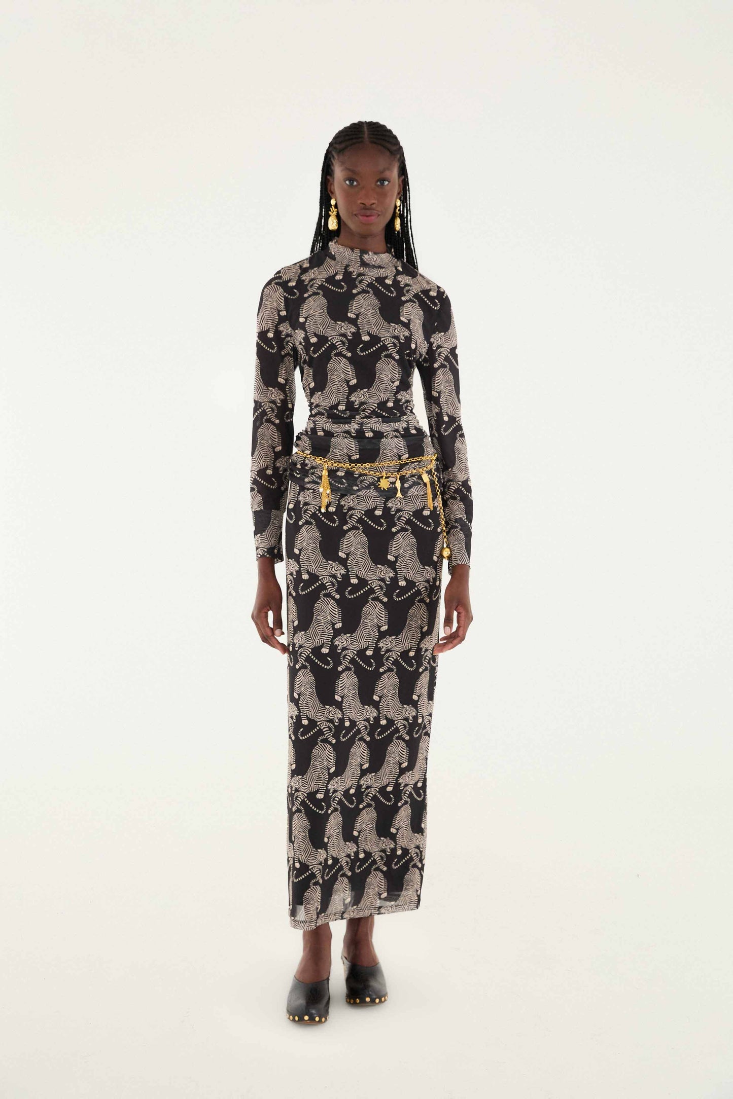 FARM Rio model wearing the Black Striped Tigers Tulle Maxi Skirt