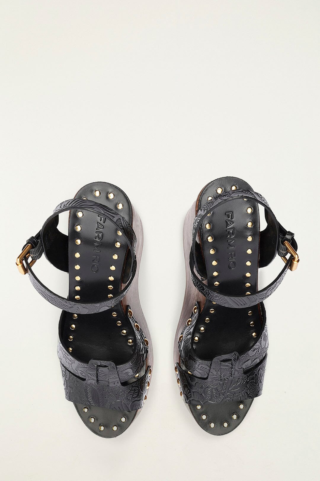 Black Studded Embossed Wedge Sandal | FARM Rio