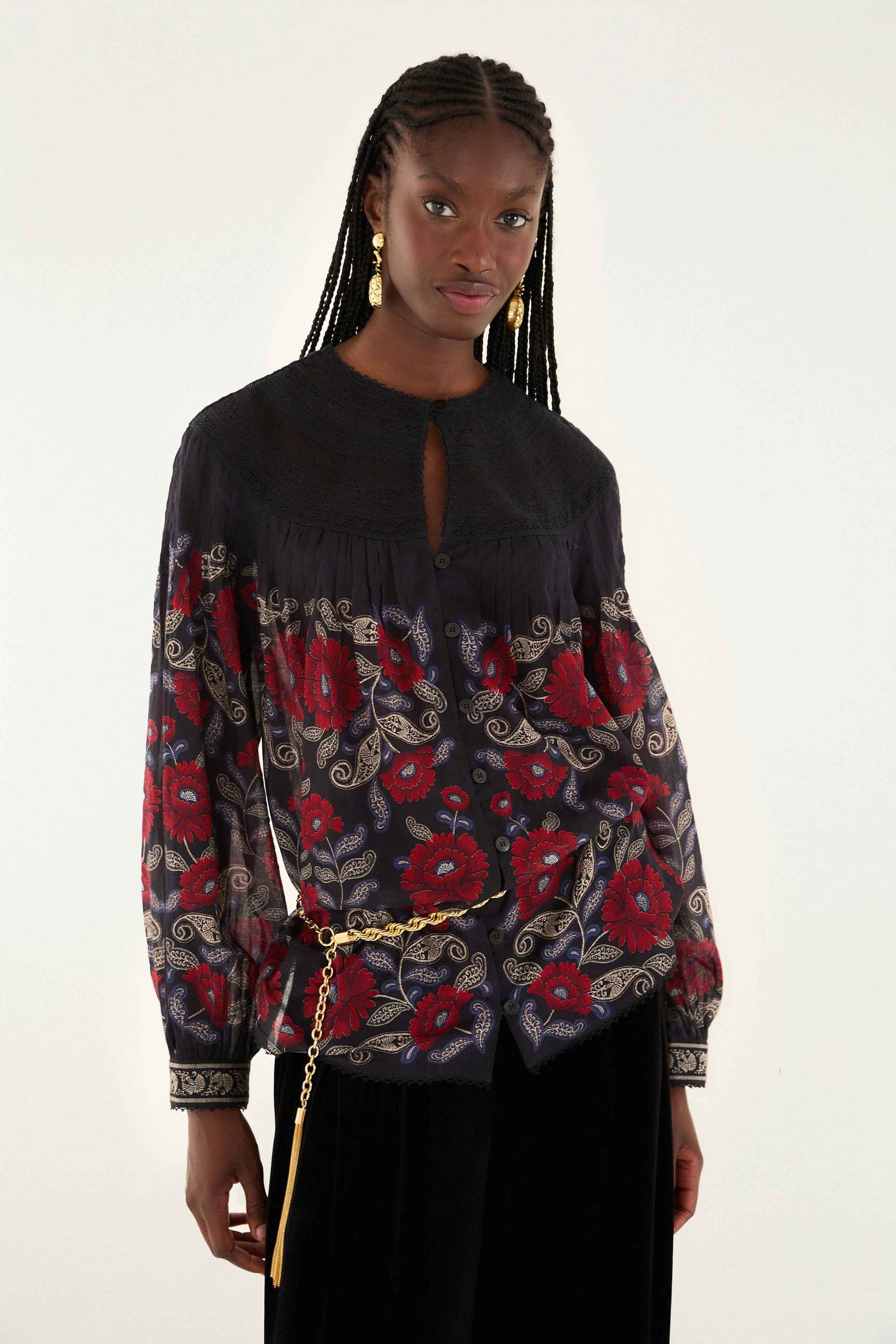 FARM Rio model wearing the Black Valentina Long Sleeve Blouse