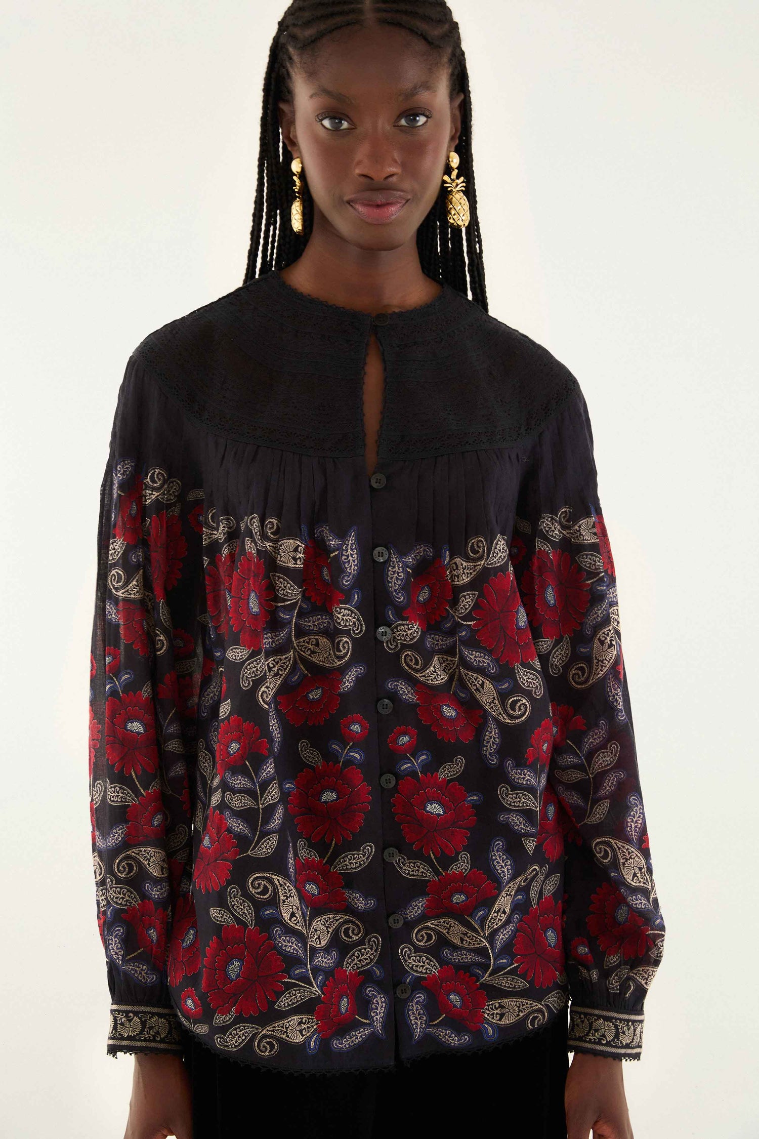 FARM Rio model wearing the Black Valentina Long Sleeve Blouse