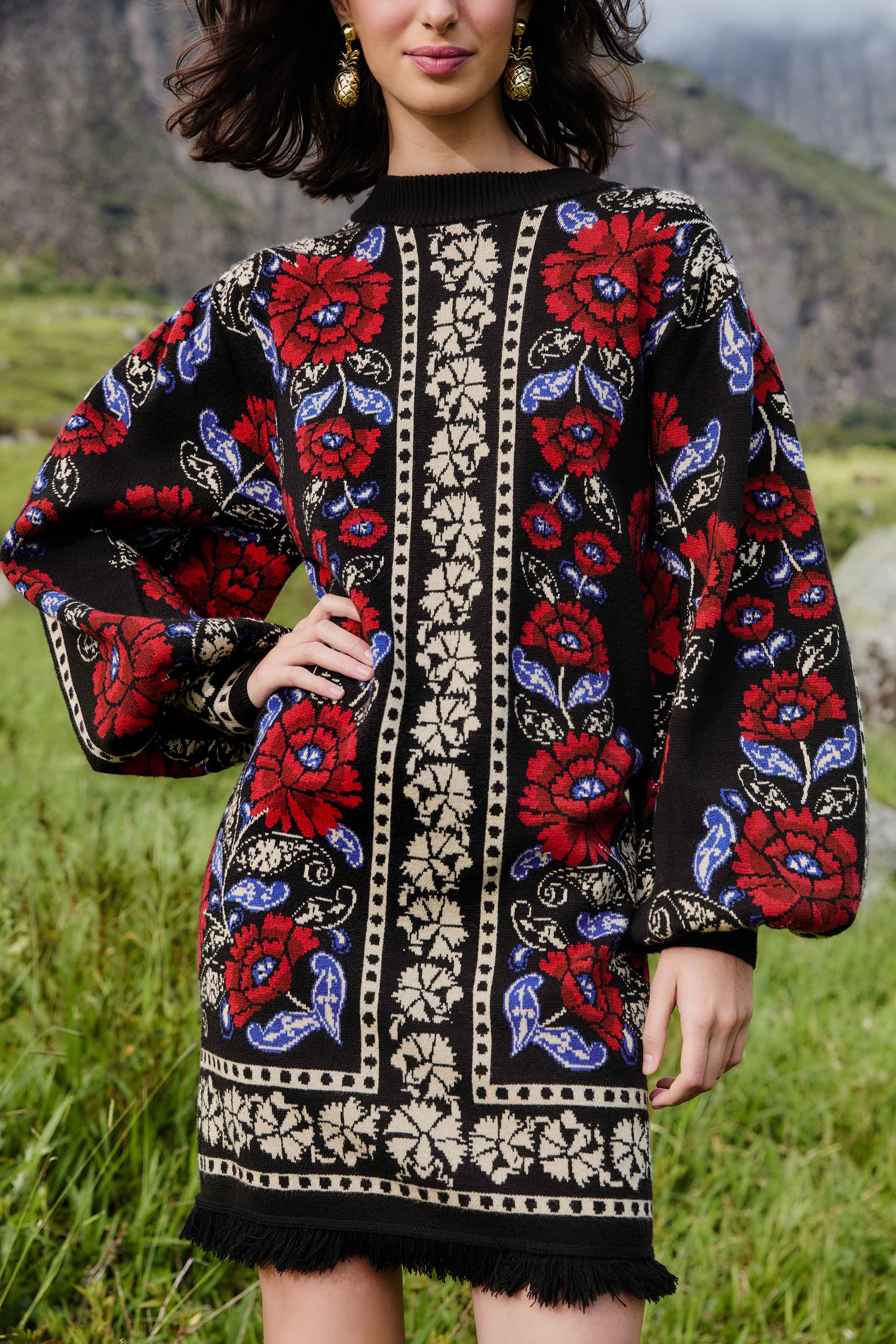 Black Valentina Puff Sleeve Knit Dress | FARM Rio