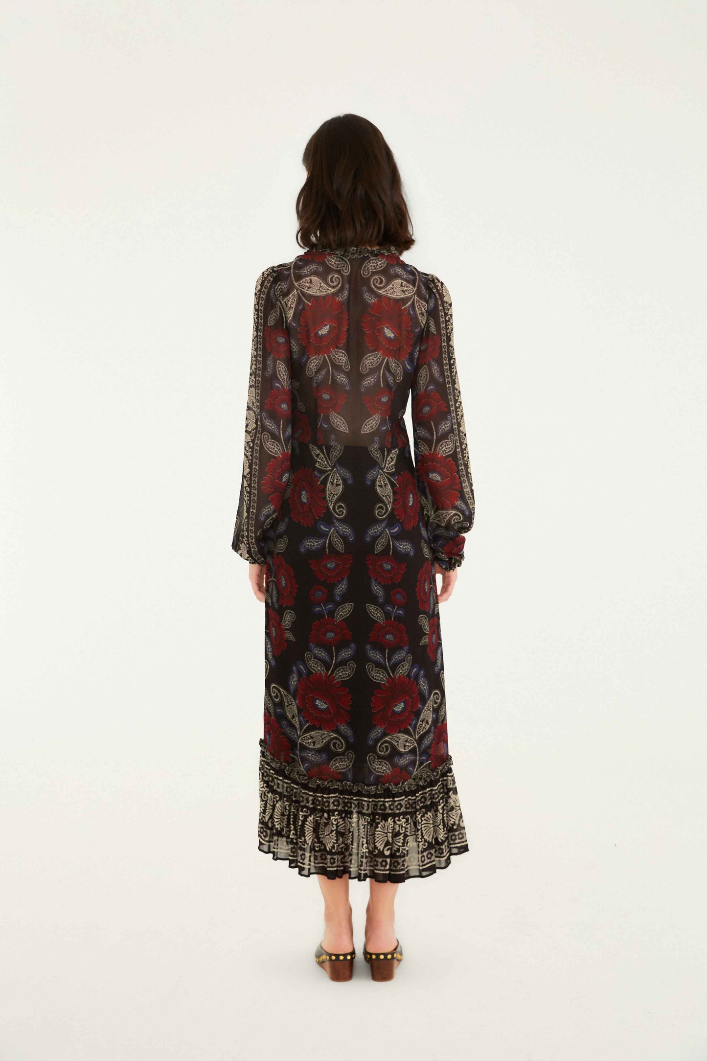 FARM Rio model wearing the Black Valentina Ruffled Long Sleeve Midi Dress