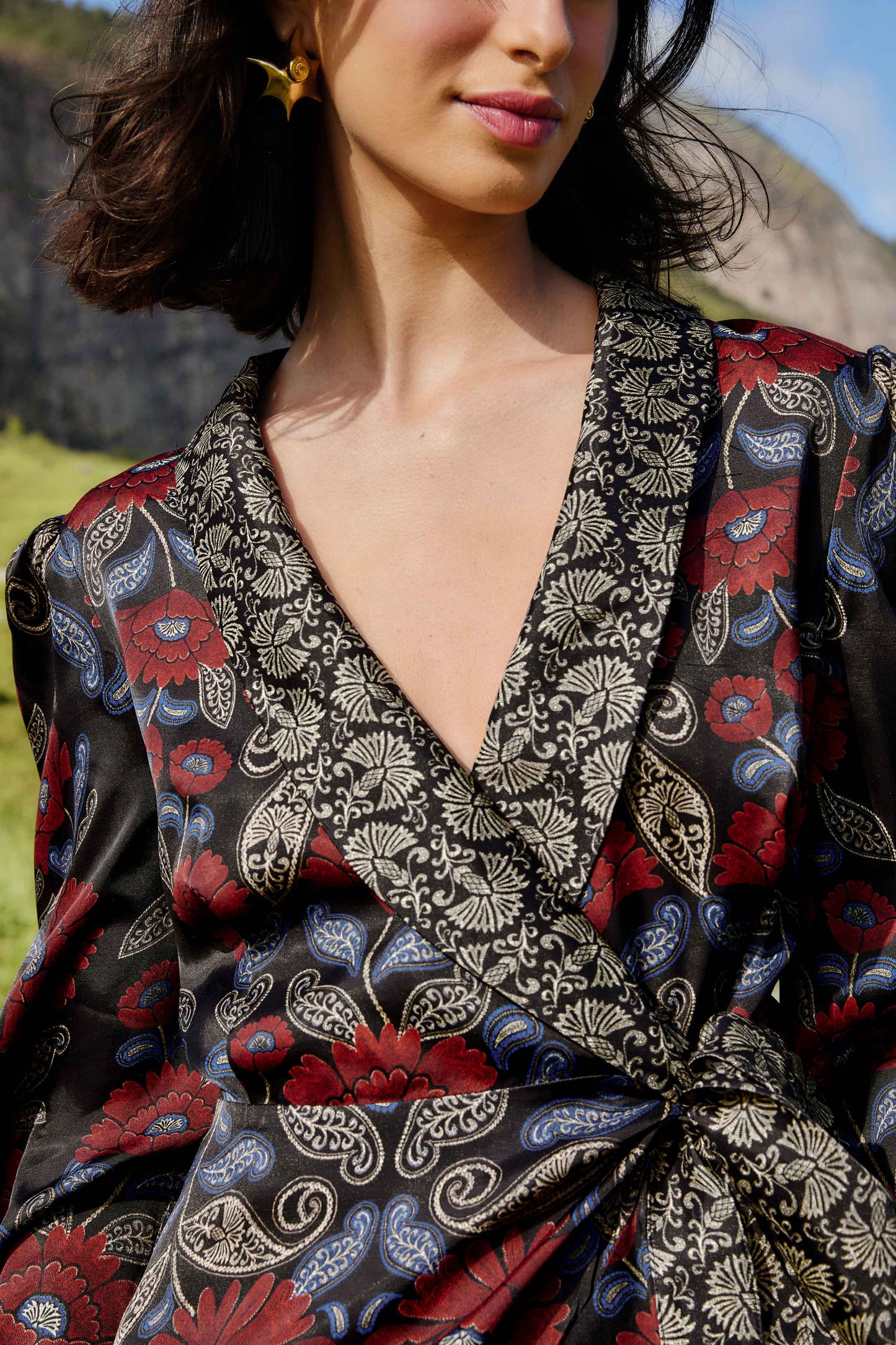 FARM Rio model wearing the Black Valentina Wrap Lenzing� Ecovero� Viscose Mini Dress